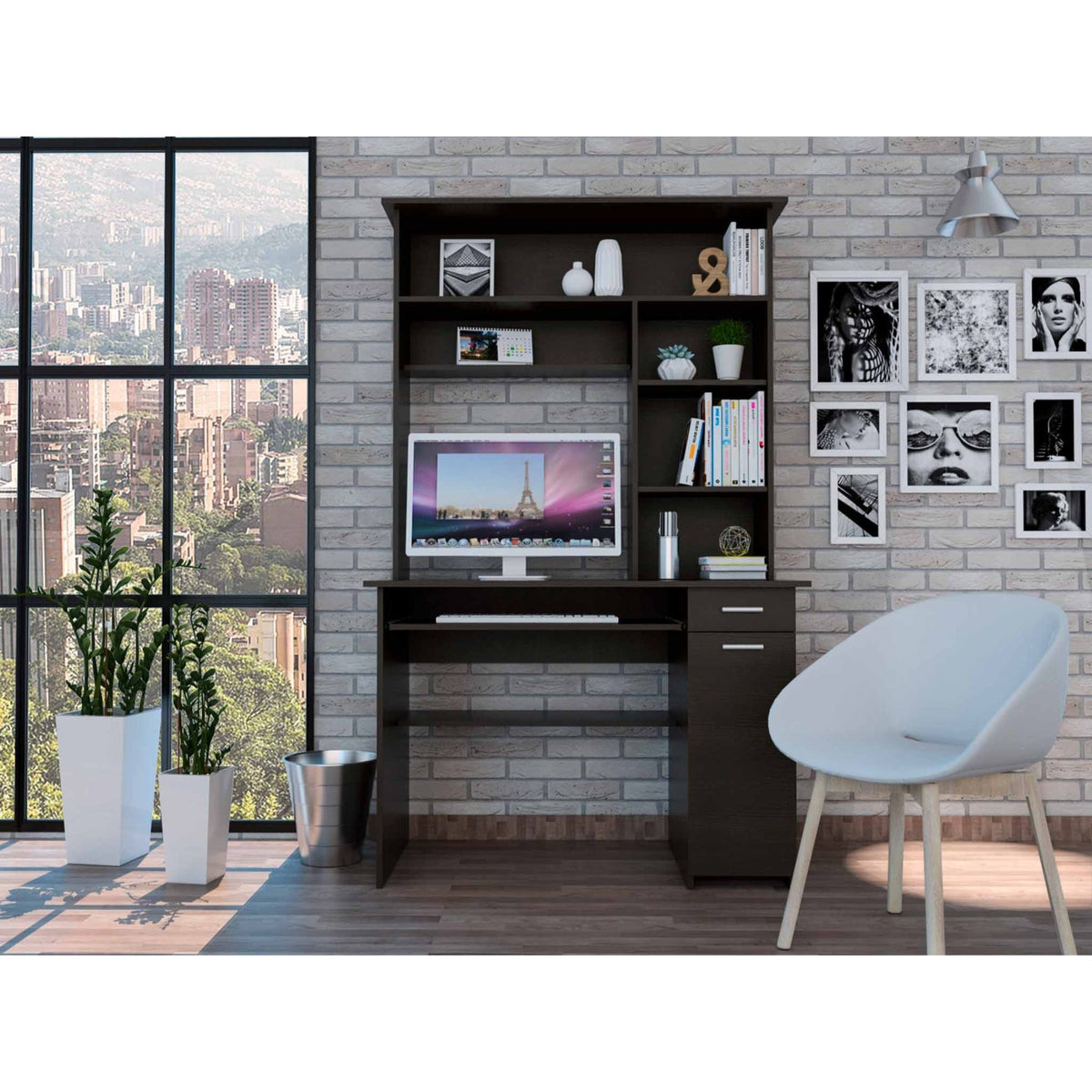Tuhome Compu 180 Hutch Desk, Multiple Shelves, Retractable Keyboard Shelf, Door Panel For Cpu, Countertop, One Drawer, Black, Fo