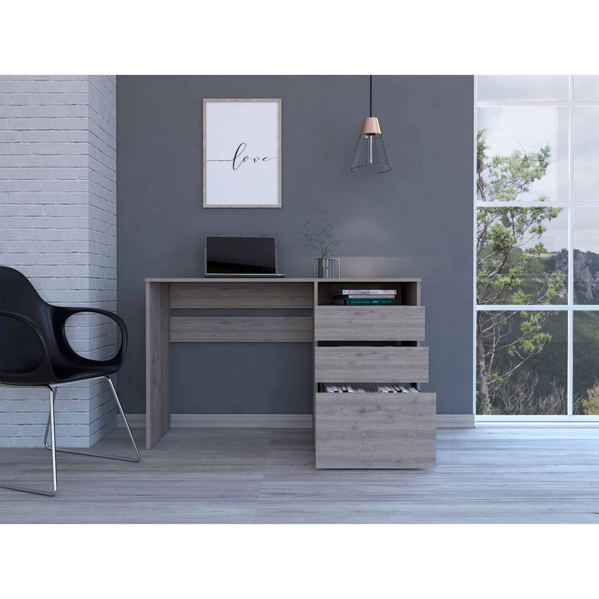 Tuhome Dublin Three Drawer Computer Desk, , One Shelf, Countertop Desk, Three Drawers, Light Grey, For Office