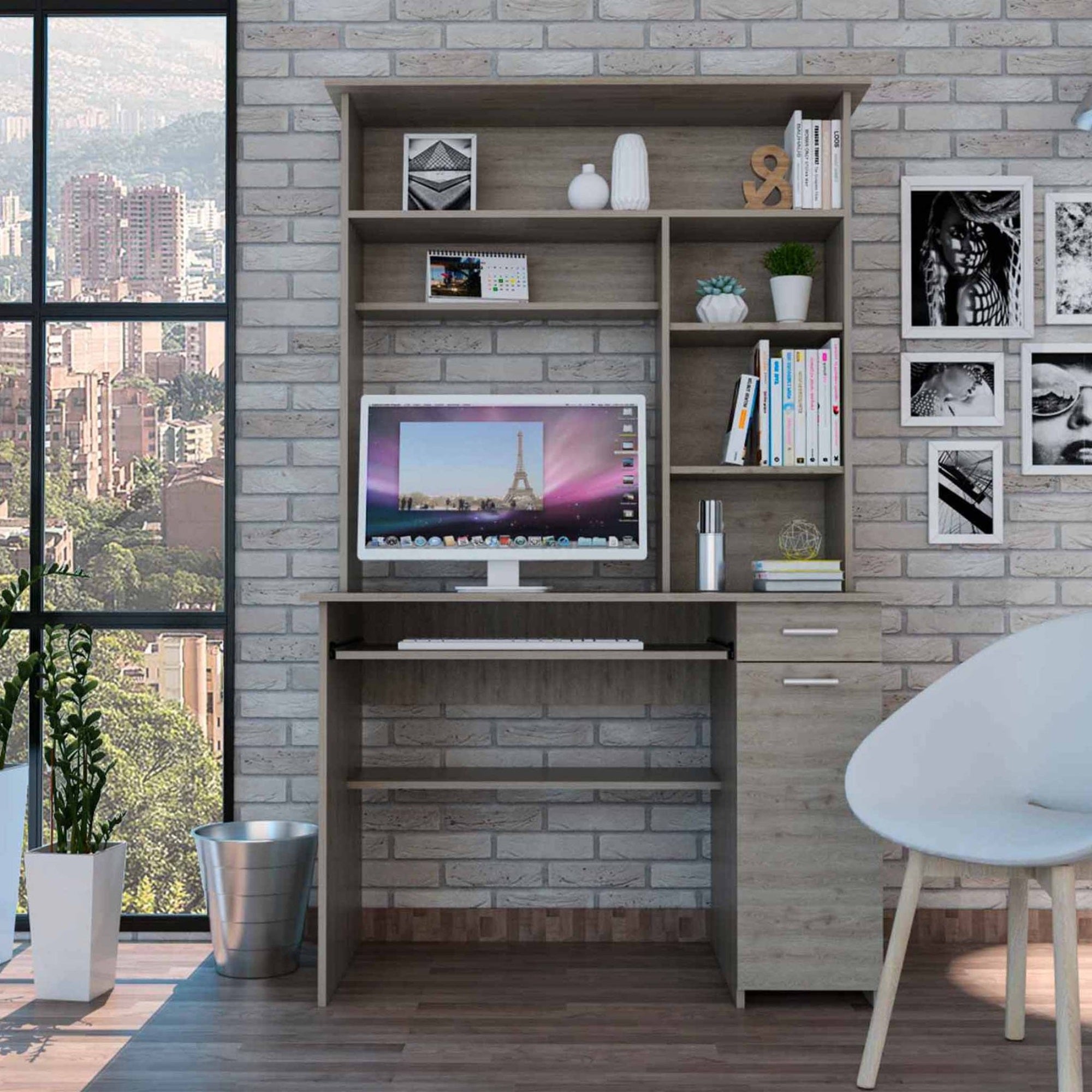 Tuhome Compu 180 Hutch Desk, Multiple Shelves, Retractable Keyboard Shelf, Door Panel For Cpu, Countertop, One Drawer, Light Gre