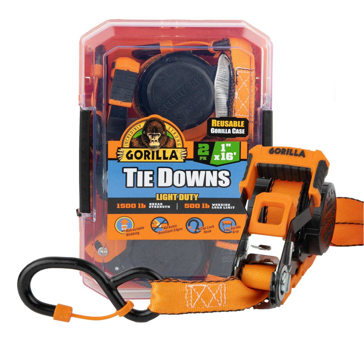 Gorilla 92002 2 Pk 1' X 16' Self Locking Retractabe Ratchet Strap W/Orange Gorilla-Grip Handle W/Cap Locks (Orange Webbing)