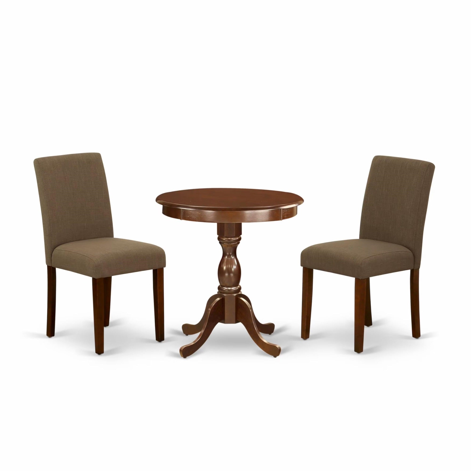 Casafoyer Esab3-Mah-18 3 Piece Dinette Set For Small Spaces Contains A Round Dining Table With Pedestal And 2 Coffee Linen Fabric Parson Dining Chairs, 30X30 Inch, Mahogany