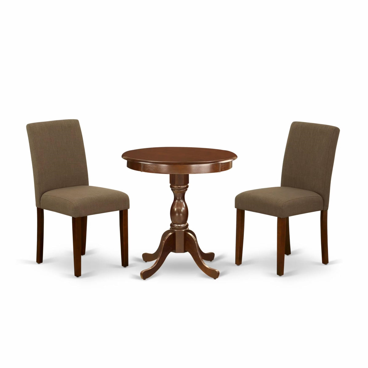 Casafoyer Esab3-Mah-18 3 Piece Dinette Set For Small Spaces Contains A Round Dining Table With Pedestal And 2 Coffee Linen Fabric Parson Dining Chairs, 30X30 Inch, Mahogany