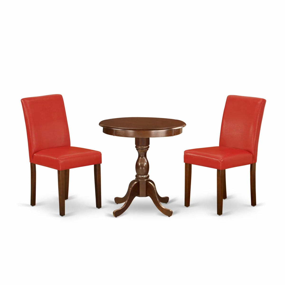 Casafoyer Esab3-Mah-72 3 Piece Dining Set Contains A Round Dining Room Table With Pedestal And 2 Firebrick Red Faux Leather Upholstered Parson Chairs, 30X30 Inch, Mahogany