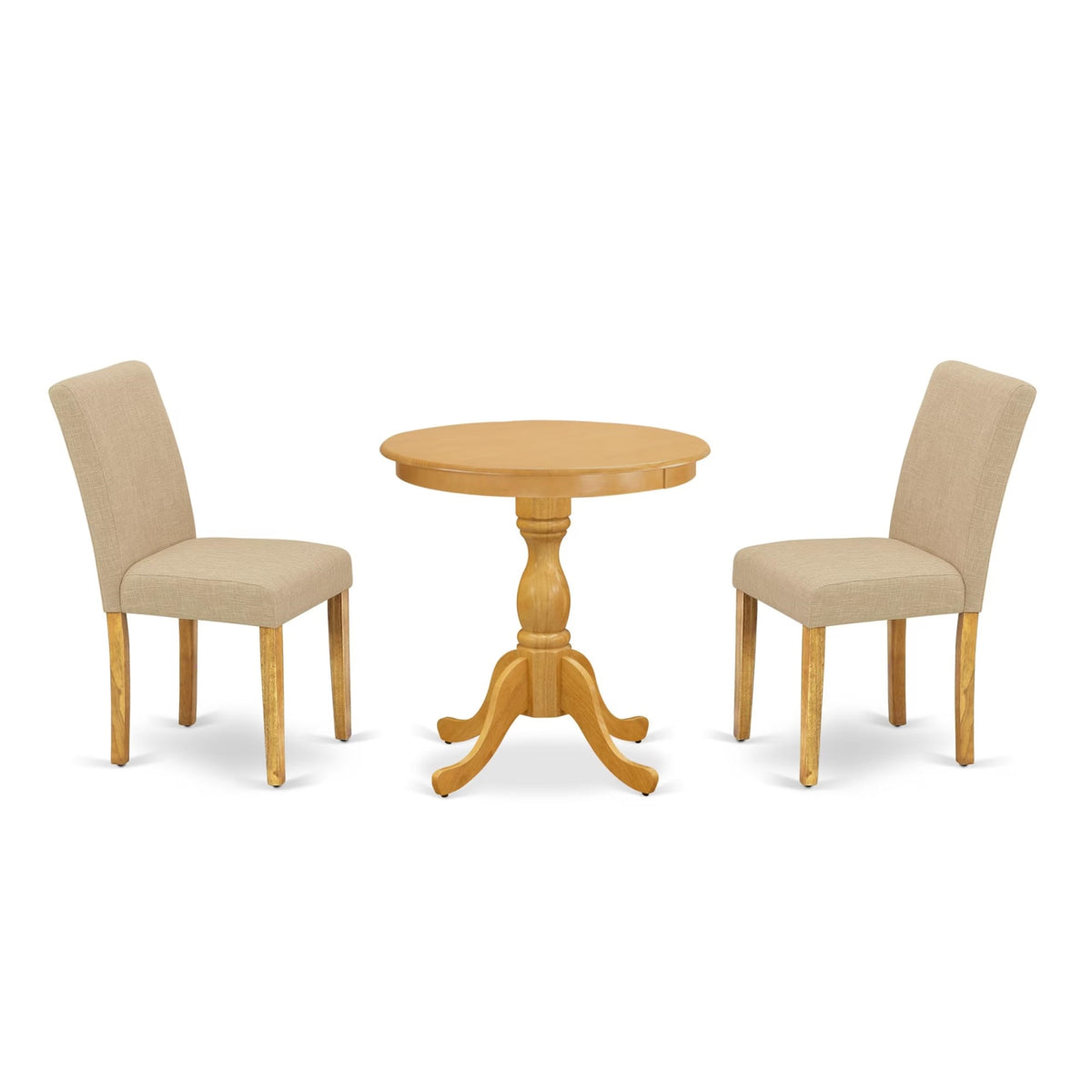 Casafoyer Esab3-Oak-04 3 Piece Dining Table Set For Small Spaces Contains A Round Wooden Table With Pedestal And 2 Light Tan Linen Fabric Parson Chairs, 30X30 Inch, Oak