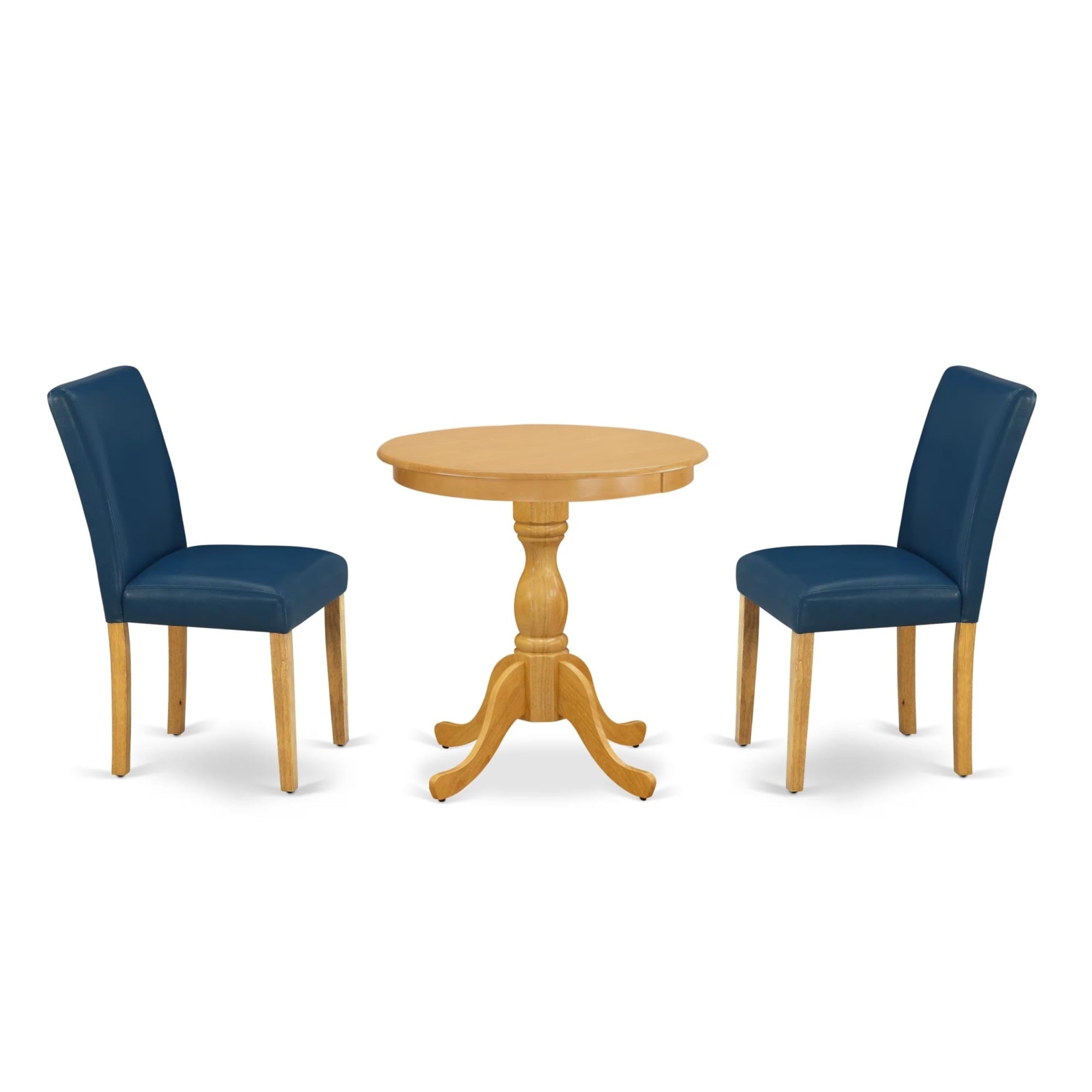Casafoyer Esab3-Oak-55 3 Piece Dining Room Furniture Set Contains A Round Dining Table With Pedestal And 2 Oasis Blue Faux Leather Upholstered Chairs, 30X30 Inch, Oak