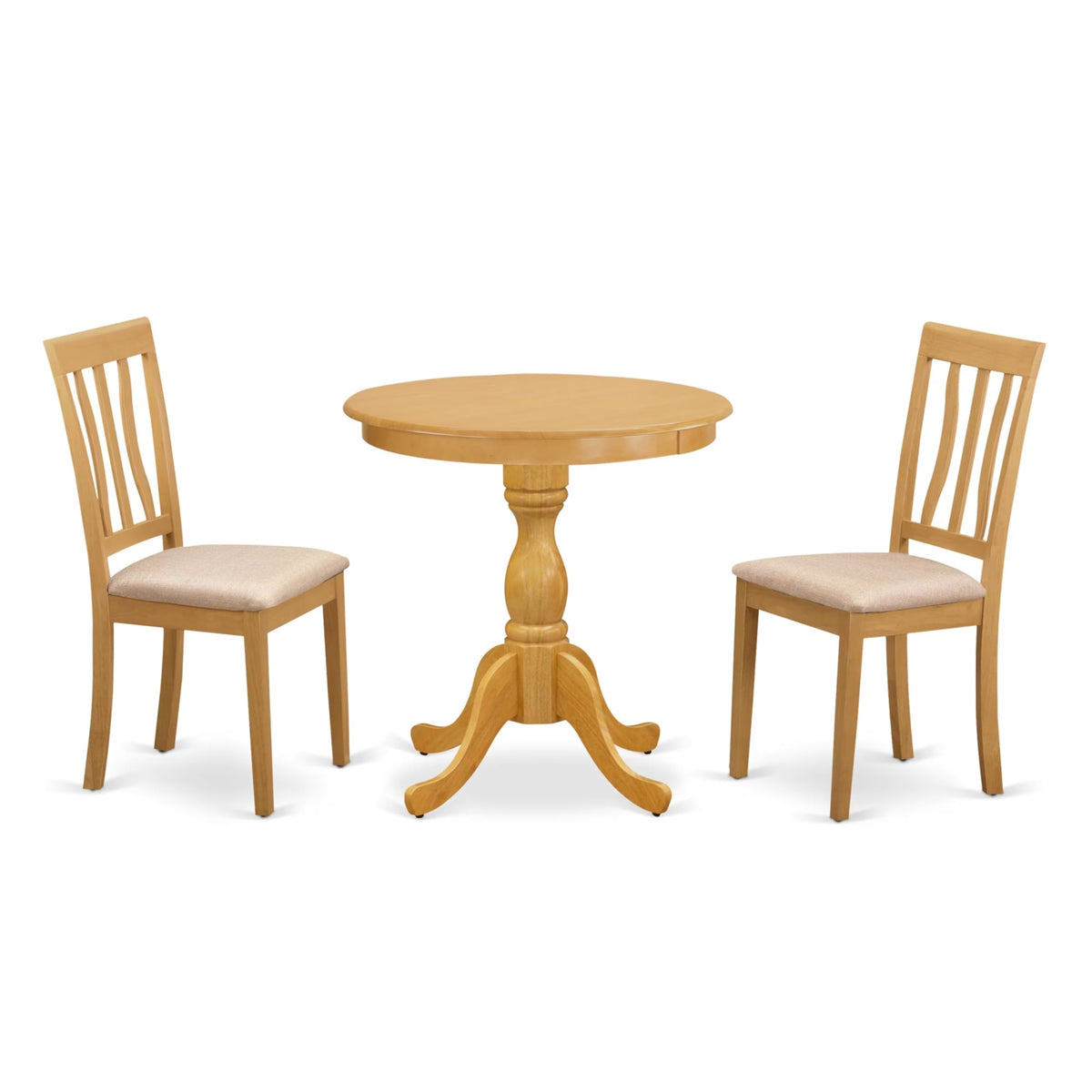 Casafoyer Esan3-Oak-C 3 Piece Kitchen Table & Chairs Set Contains A Round Dining Room Table With Pedestal And 2 Linen Fabric Upholstered Chairs, 30X30 Inch, Oak