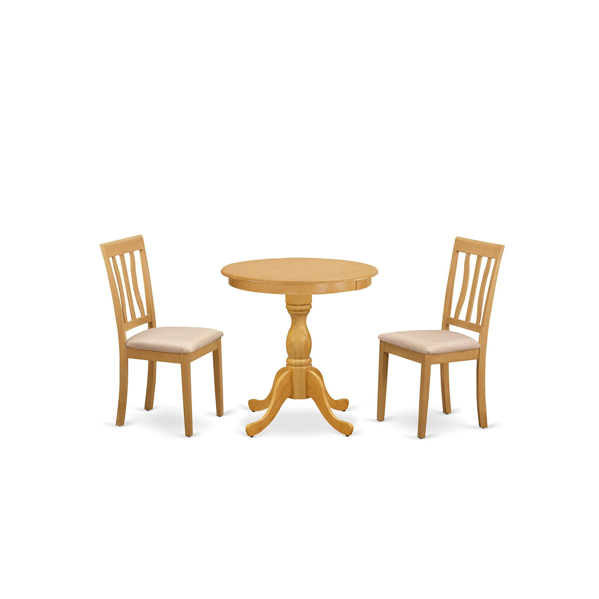 East West Furniture Esan3-Oak-C Eden 3 Piece Kitchen Set Contains A Round Dining Room Table With Pedestal And 2 Linen Fabric Upholstered Chairs, 30X30 Inch