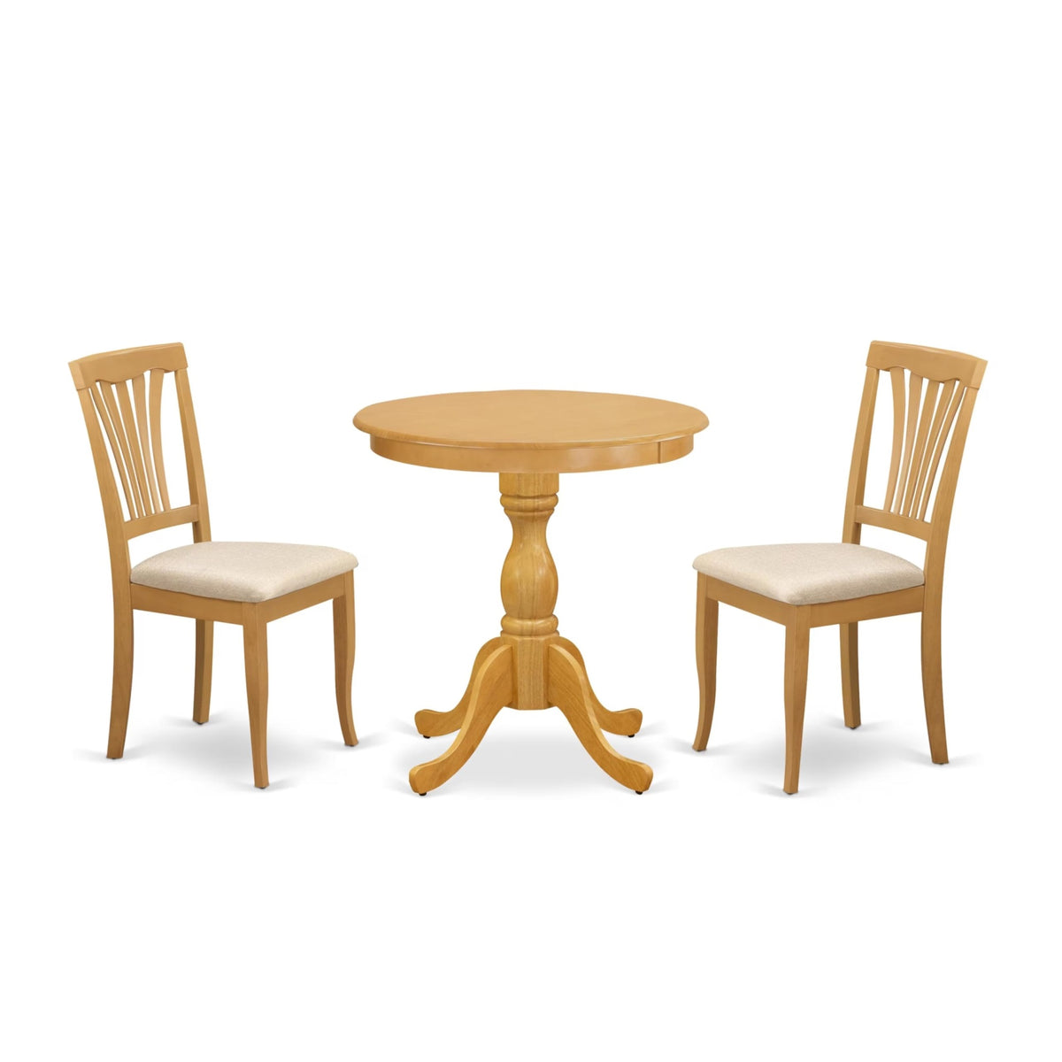 Casafoyer Esav3-Oak-C 3 Piece Dining Room Furniture Set Contains A Round Dining Table With Pedestal And 2 Linen Fabric Upholstered Chairs, 30X30 Inch, Oak