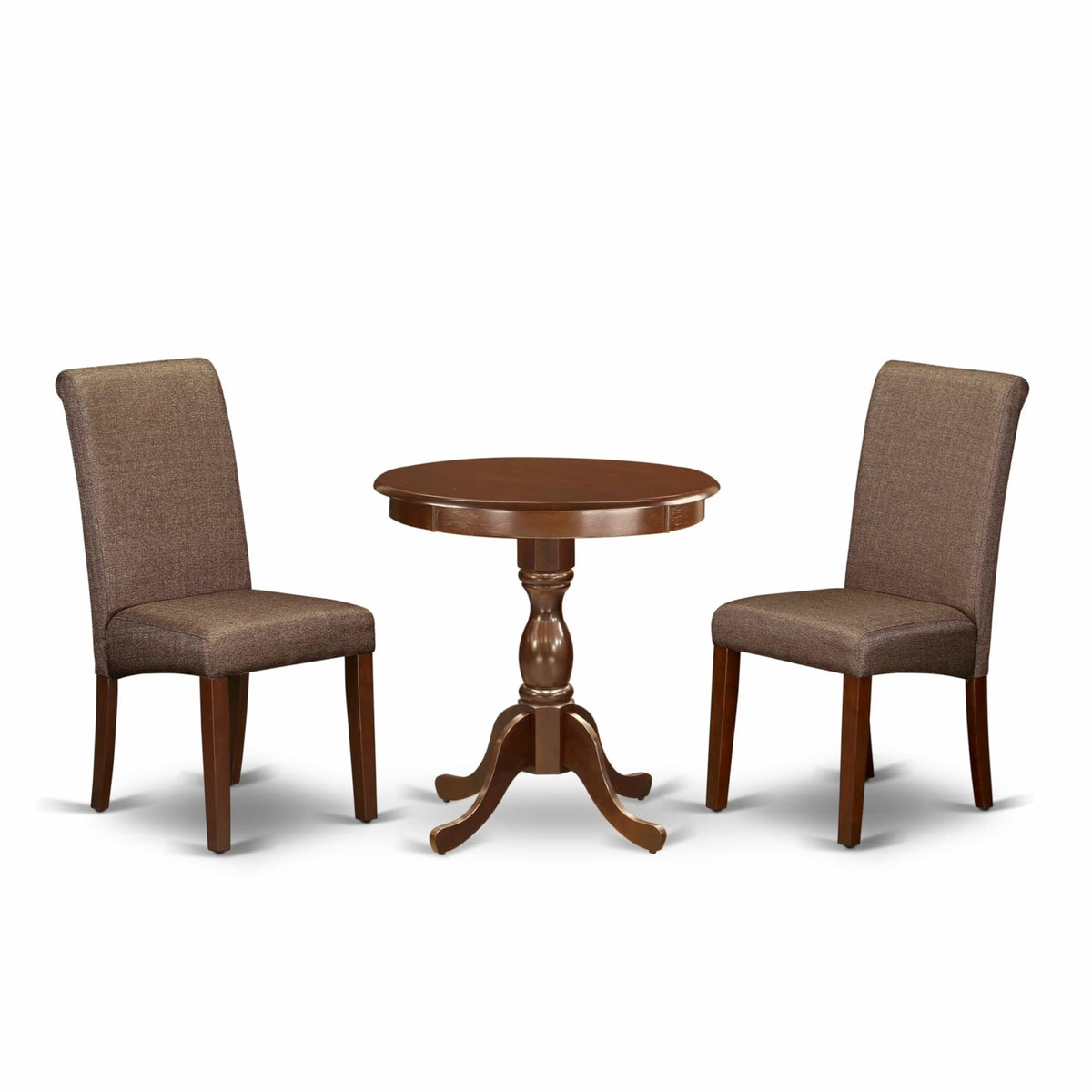 Casafoyer Esba3-Mah-18 3 Piece Kitchen Table Set Contains A Round Dining Room Table With Pedestal And 2 Brown Linen Linen Fabric Parson Dining Chairs, 30X30 Inch, Mahogany
