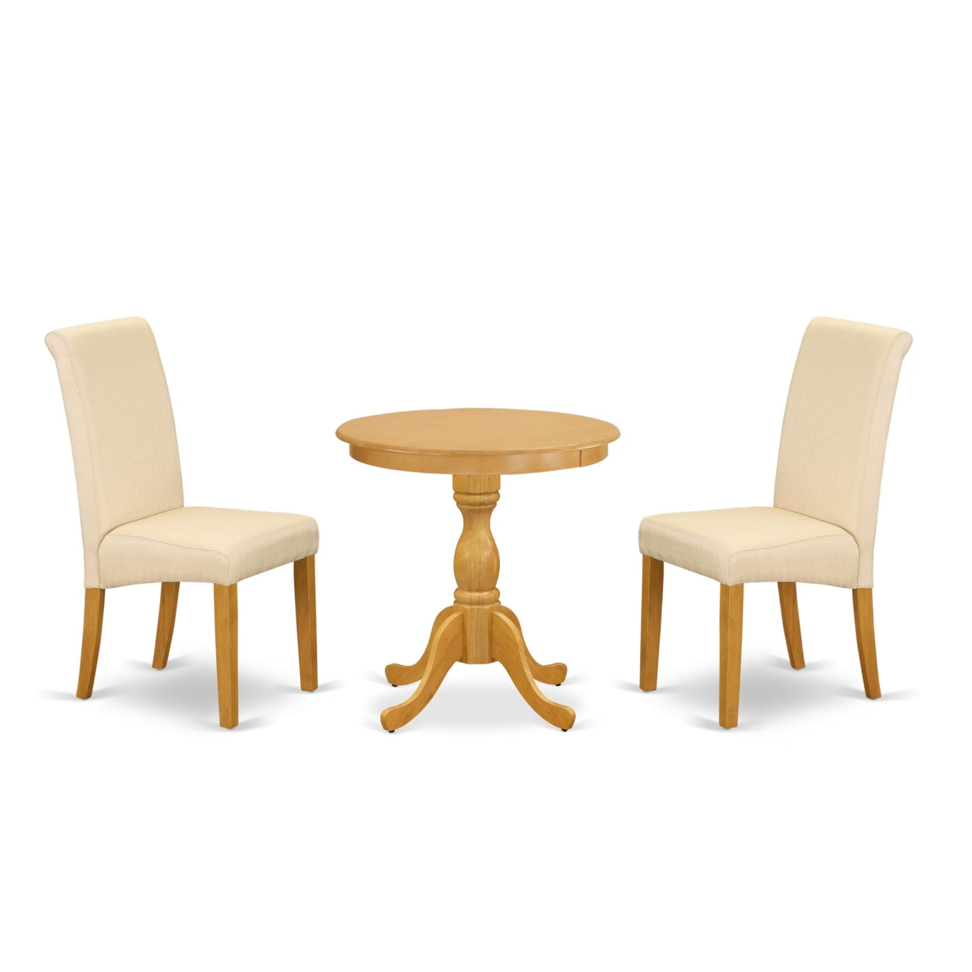 Casafoyer Esba3-Oak-02 3 Piece Kitchen Table Set Contains A Round Dining Table And 2 Light Beige Linen Fabric Upholstered Chairs, 30X30 Inch, Oak