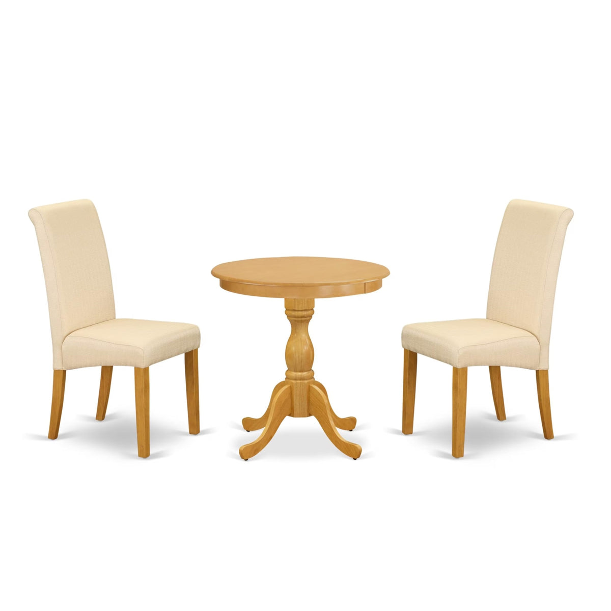 Casafoyer Esba3-Oak-02 3 Piece Kitchen Table Set Contains A Round Dining Table And 2 Light Beige Linen Fabric Upholstered Chairs, 30X30 Inch, Oak