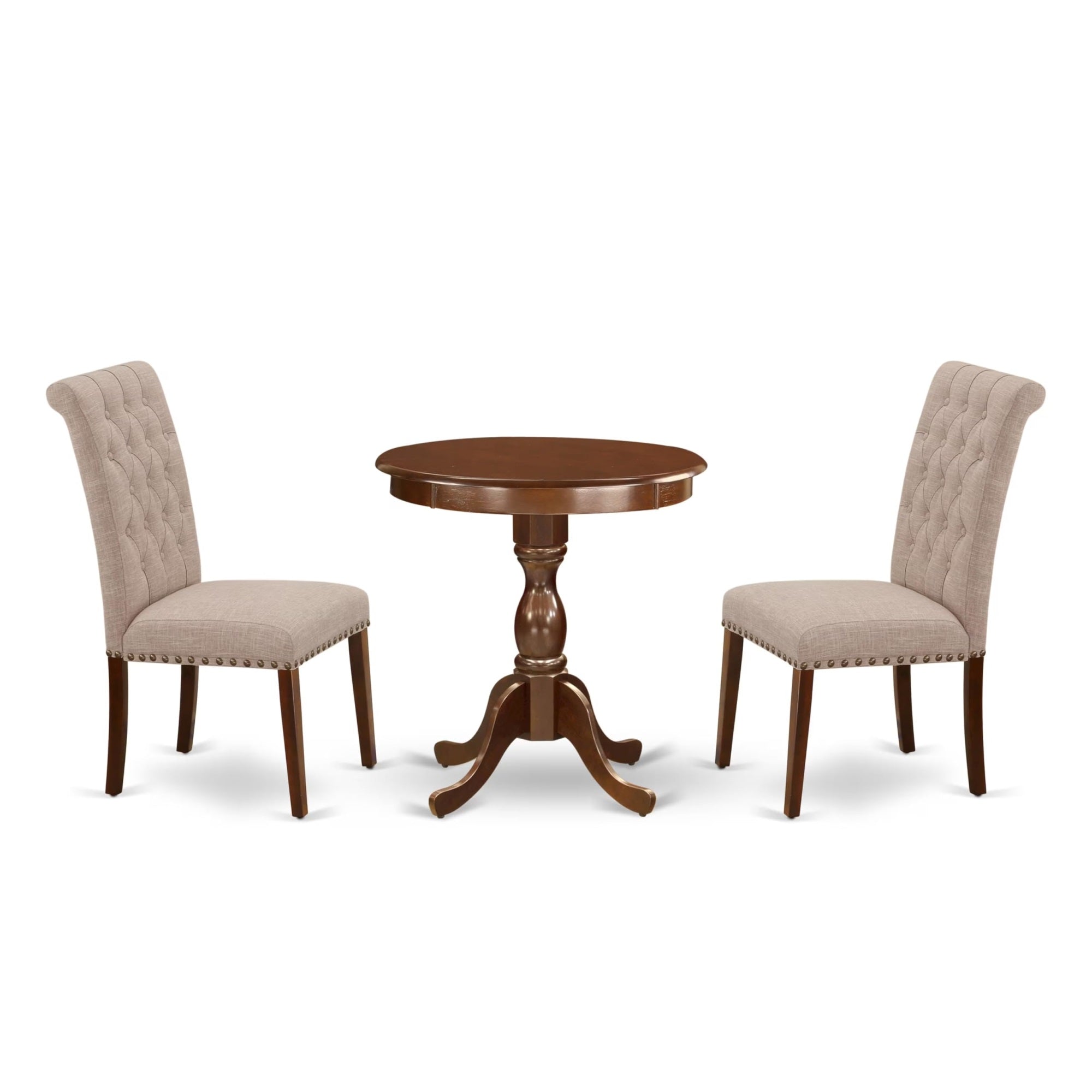 Casafoyer Esbr3-Mah-04 Eden 3 Piece Modern Set Contains A Round Wooden Table With Pedestal And 2 Light Tan Linen Fabric Parson Dining Chairs, 30X30 Inch, Mahogany