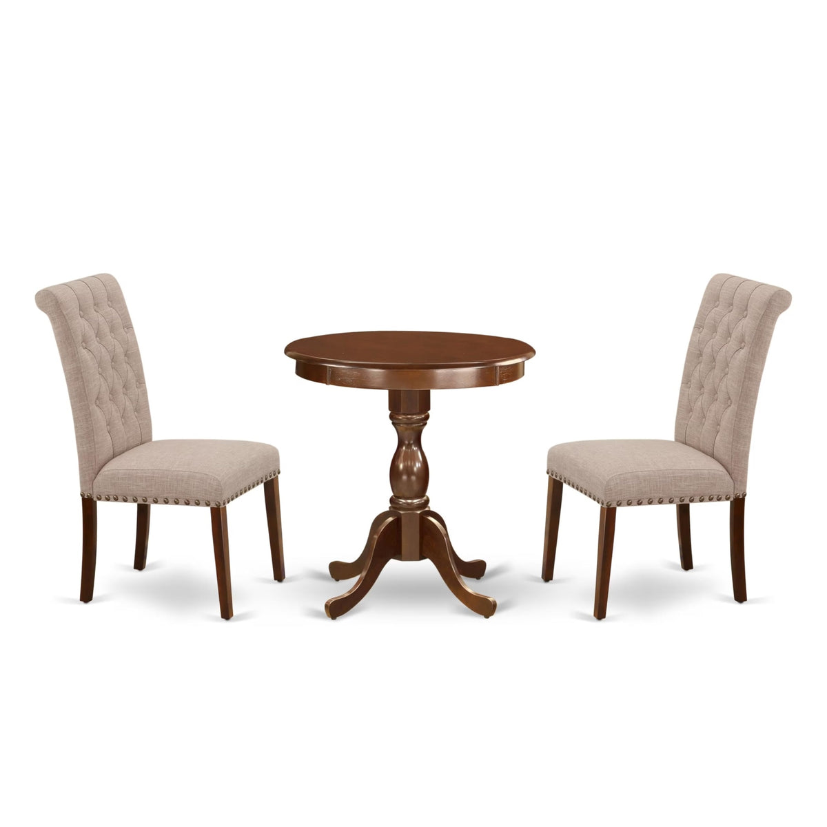 Casafoyer Esbr3-Mah-04 Eden 3 Piece Modern Set Contains A Round Wooden Table With Pedestal And 2 Light Tan Linen Fabric Parson Dining Chairs, 30X30 Inch, Mahogany