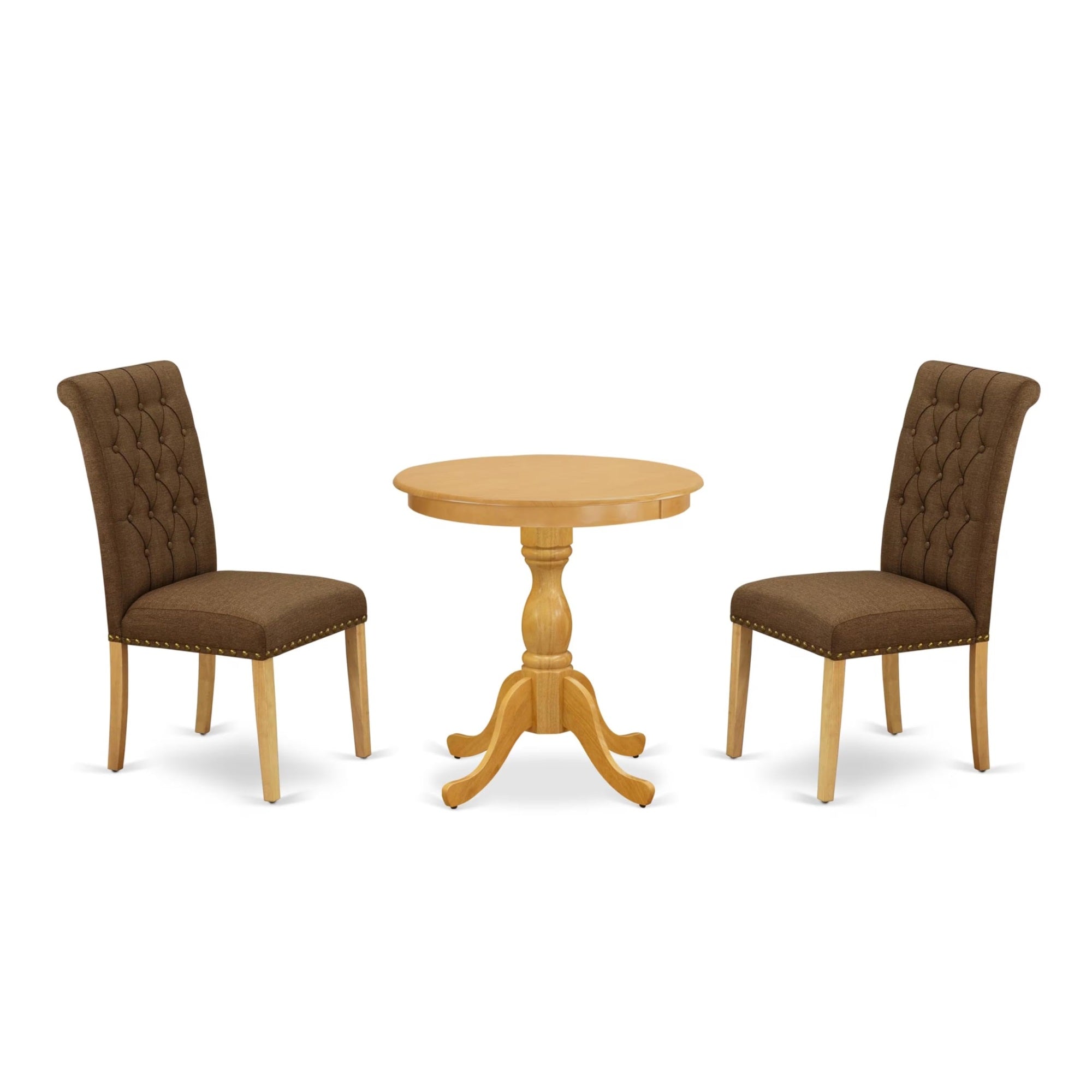 Casafoyer Esbr3-Oak-18 3 Piece Kitchen Table & Chairs Set Contains A Round Dining Room Table With Pedestal And 2 Brown Linen Linen Fabric Parsons Chairs, 30X30 Inch, Oak