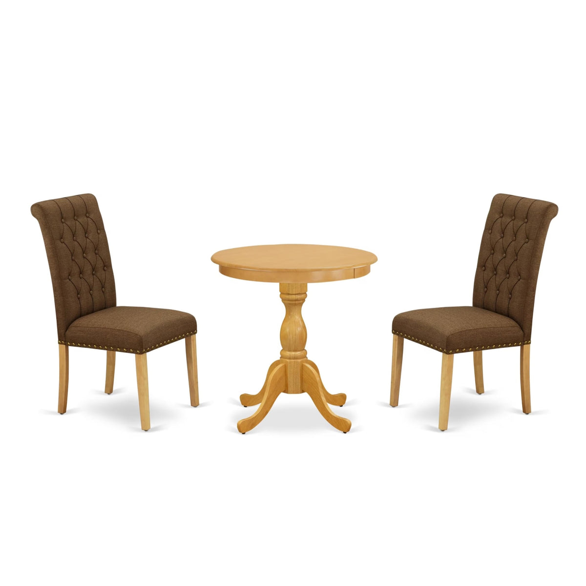 Casafoyer Esbr3-Oak-18 3 Piece Kitchen Table & Chairs Set Contains A Round Dining Room Table With Pedestal And 2 Brown Linen Linen Fabric Parsons Chairs, 30X30 Inch, Oak