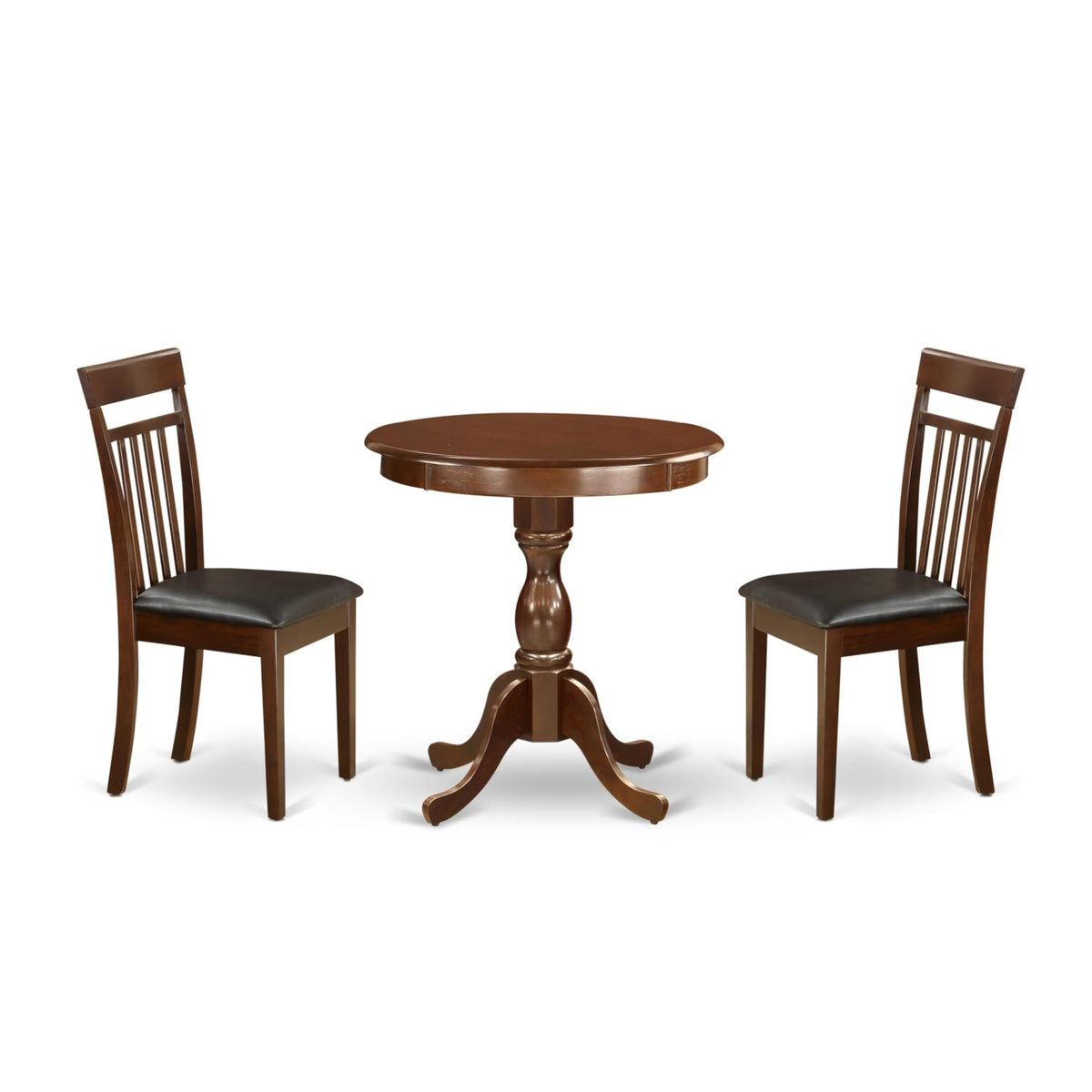 Casafoyer Esca3-Mah-Lc 3 Piece Kitchen Table & Chairs Set Contains A Round Dining Room Table With Pedestal And 2 Faux Leather Upholstered Dining Chairs, 30X30 Inch, Mahogany