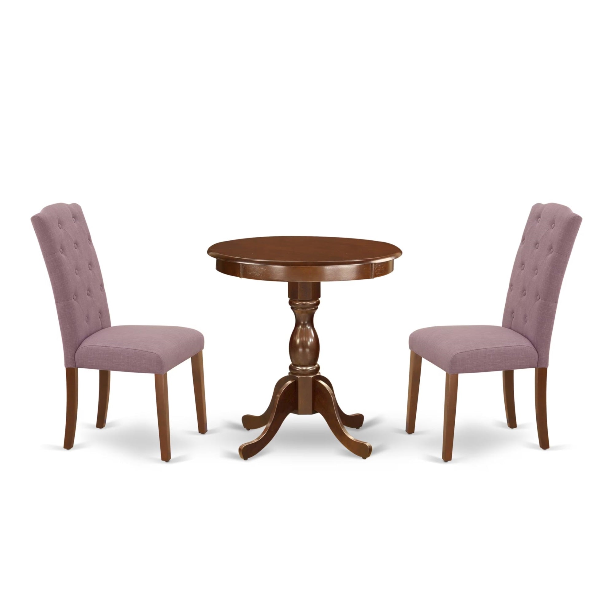 Casafoyer Esce3-Mah-10 3 Piece Kitchen Table Set Contains A Round Dining Room Table With Pedestal And 2 Dahlia Linen Fabric Parsons Dining Chairs, 30X30 Inch, Mahogany