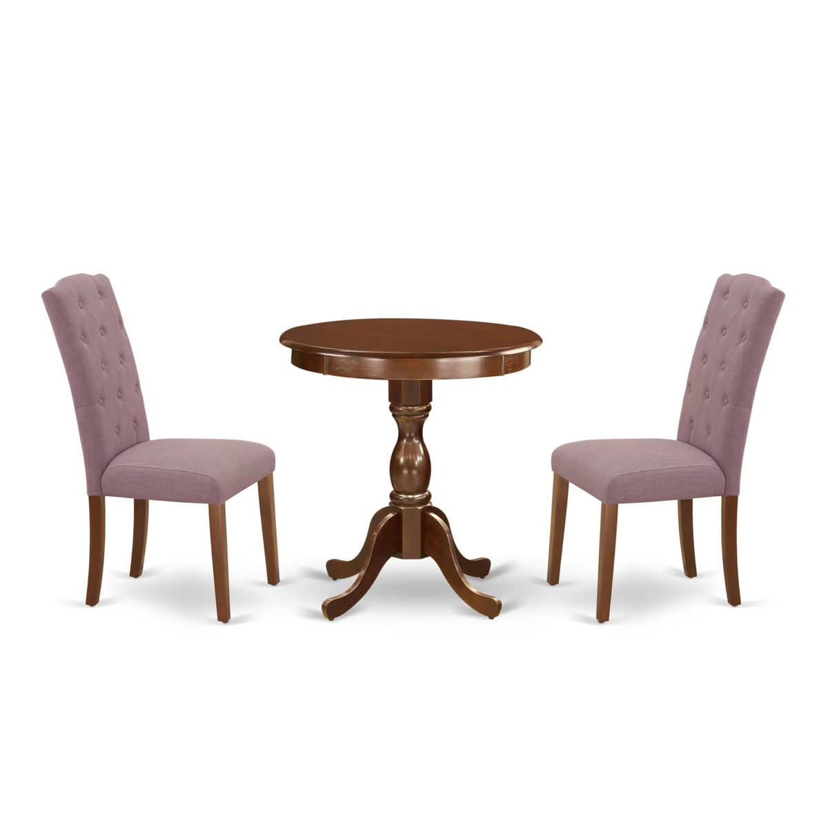 Casafoyer Esce3-Mah-10 3 Piece Kitchen Table Set Contains A Round Dining Room Table With Pedestal And 2 Dahlia Linen Fabric Parsons Dining Chairs, 30X30 Inch, Mahogany