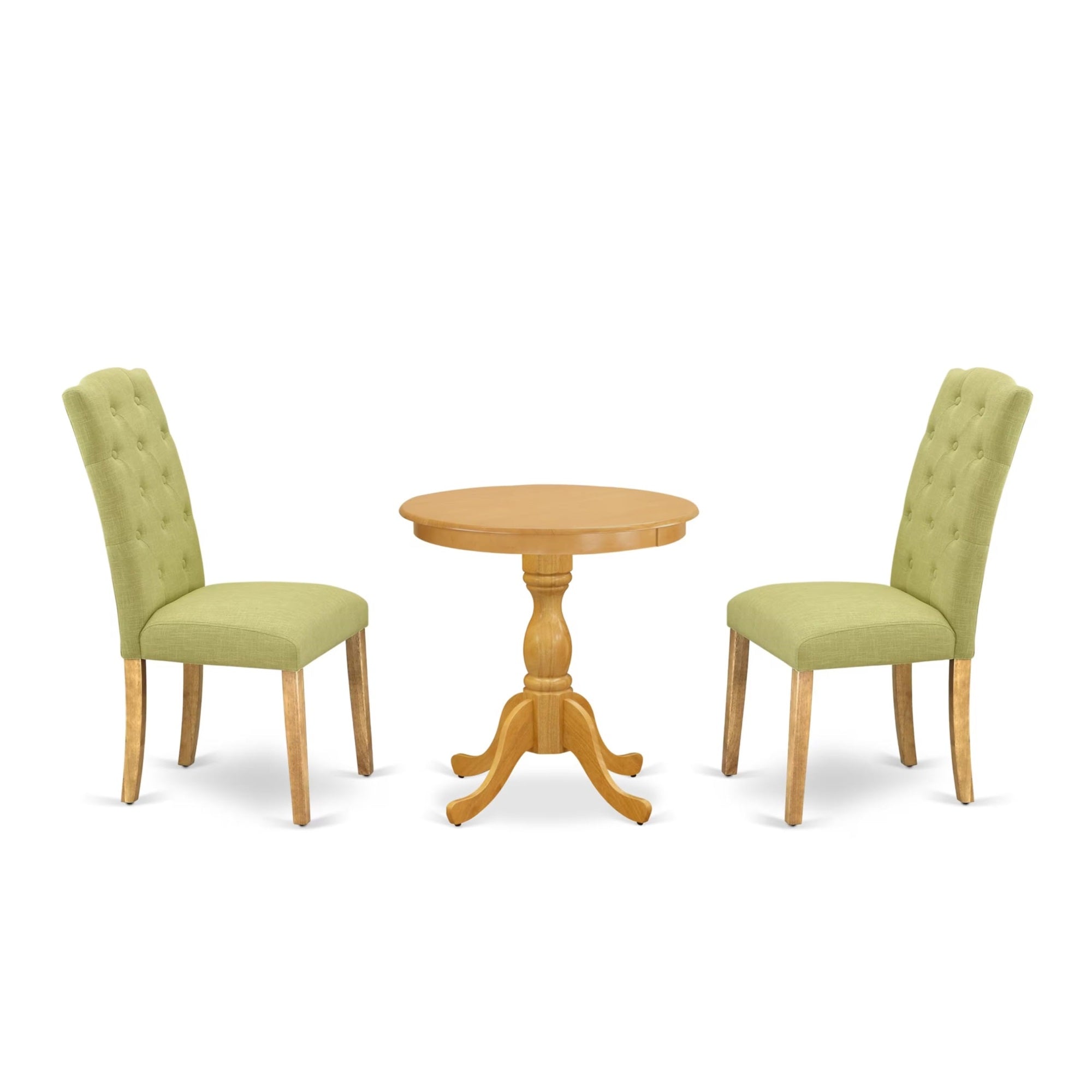 Casafoyer Esce3-Oak-07 3 Piece Dinette Set For Small Spaces Contains A Round Dining Table With Pedestal And 2 Limelight Linen Fabric Upholstered Chairs, 30X30 Inch, Oak