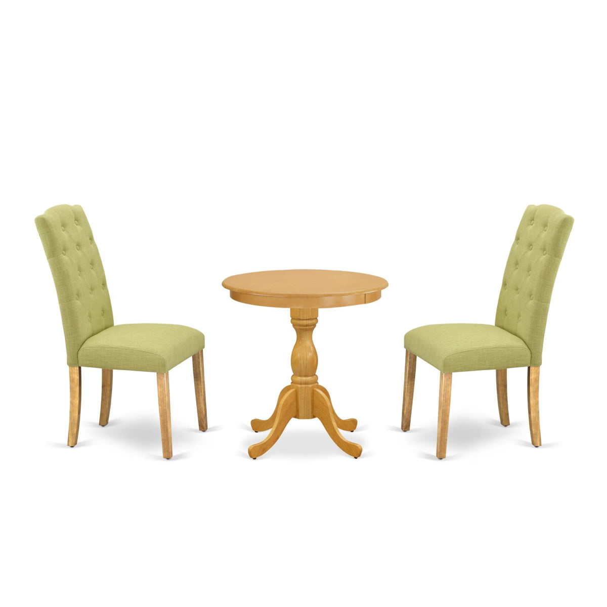 Casafoyer Esce3-Oak-07 3 Piece Dinette Set For Small Spaces Contains A Round Dining Table With Pedestal And 2 Limelight Linen Fabric Upholstered Chairs, 30X30 Inch, Oak