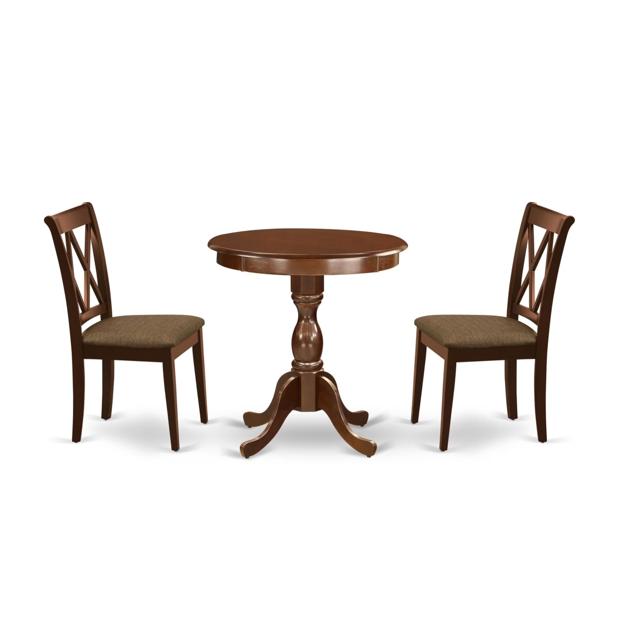 Casafoyer Escl3-Mah-C 3 Piece Dining Room Table Set Contains A Round Kitchen Table With Pedestal And 2 Linen Fabric Upholstered Dining Chairs, 30X30 Inch, Mahogany