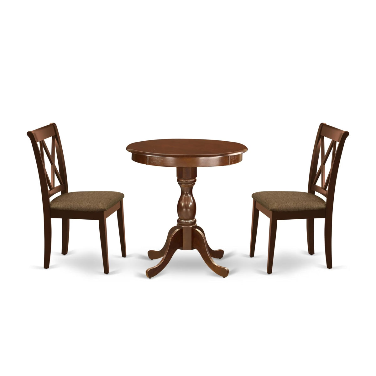 Casafoyer Escl3-Mah-C 3 Piece Dining Room Table Set Contains A Round Kitchen Table With Pedestal And 2 Linen Fabric Upholstered Dining Chairs, 30X30 Inch, Mahogany