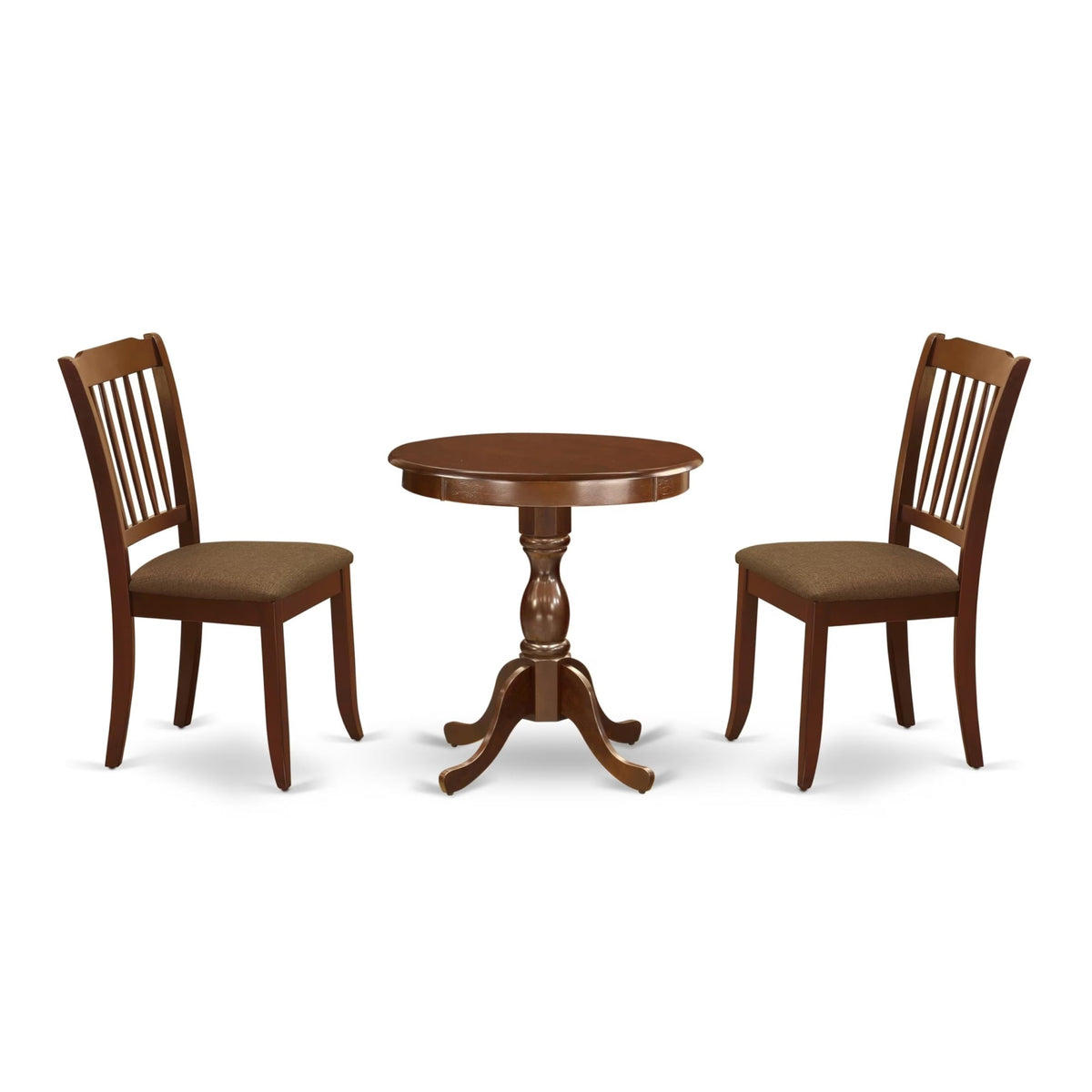 Casafoyer Esda3-Mah-C 3 Piece Kitchen Table Set For Small Spaces Contains A Round Dining Table With Pedestal And 2 Linen Fabric Dining Room Chairs, 30X30 Inch, Mahogany