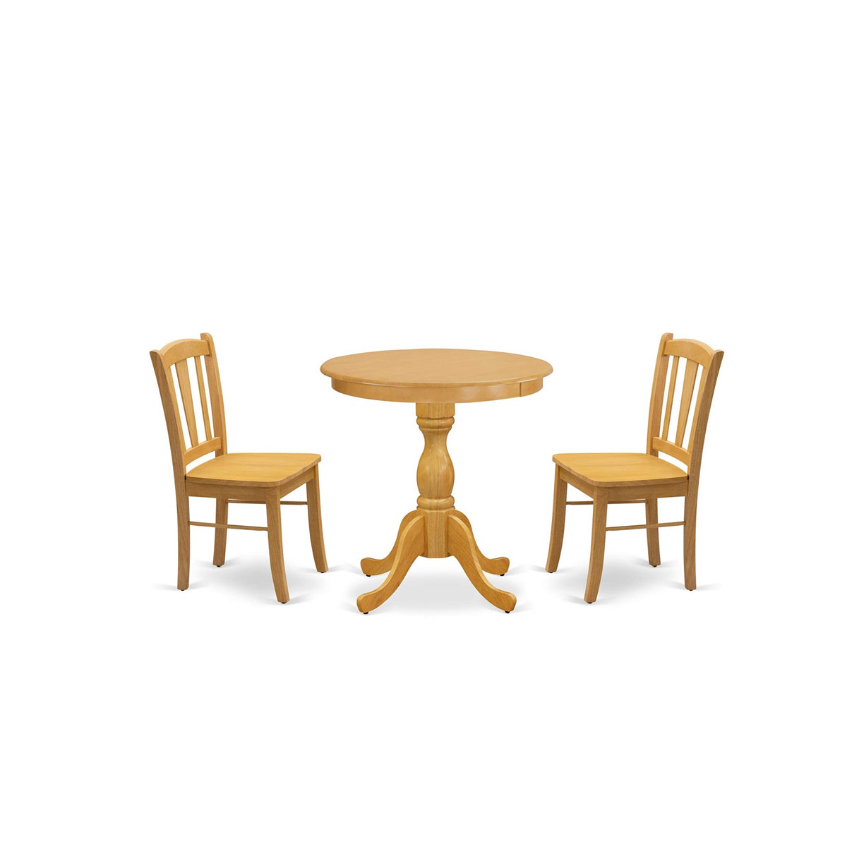 East West Furniture Esdl3-Oak-W Eden 3 Piece Kitchen Set For Small Spaces Contains A Round Dining Room Table With Pedestal And 2 Solid Wood Seat Chairs, 30X30 Inch, Oak