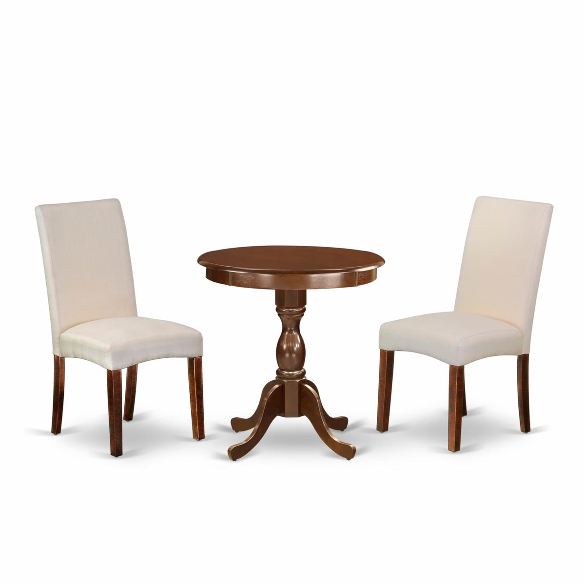 Casafoyer Esdr3-Mah-01 3 Piece Dining Room Table Set Contains A Round Dining Table With Pedestal And 2 Cream Linen Fabric Upholstered Parson Chairs, 30X30 Inch, Mahogany