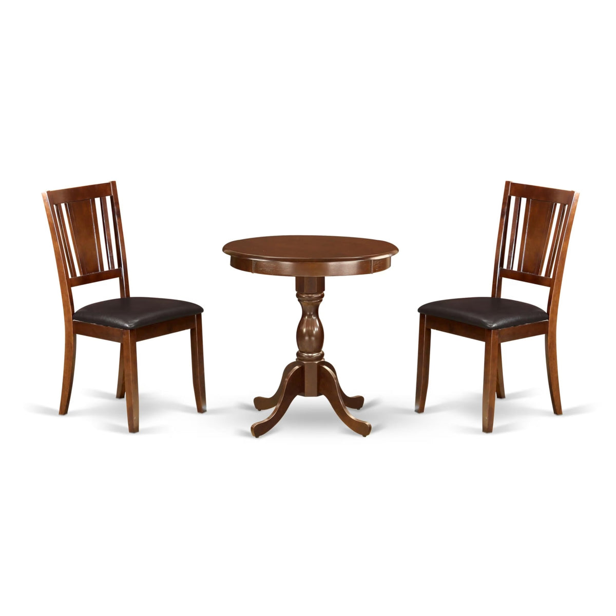 Casafoyer Esdu3-Mah-Lc 3 Piece Dining Room Table Set Contains A Round Dining Table With Pedestal And 2 Faux Leather Upholstered Chairs, 30X30 Inch, Mahogany