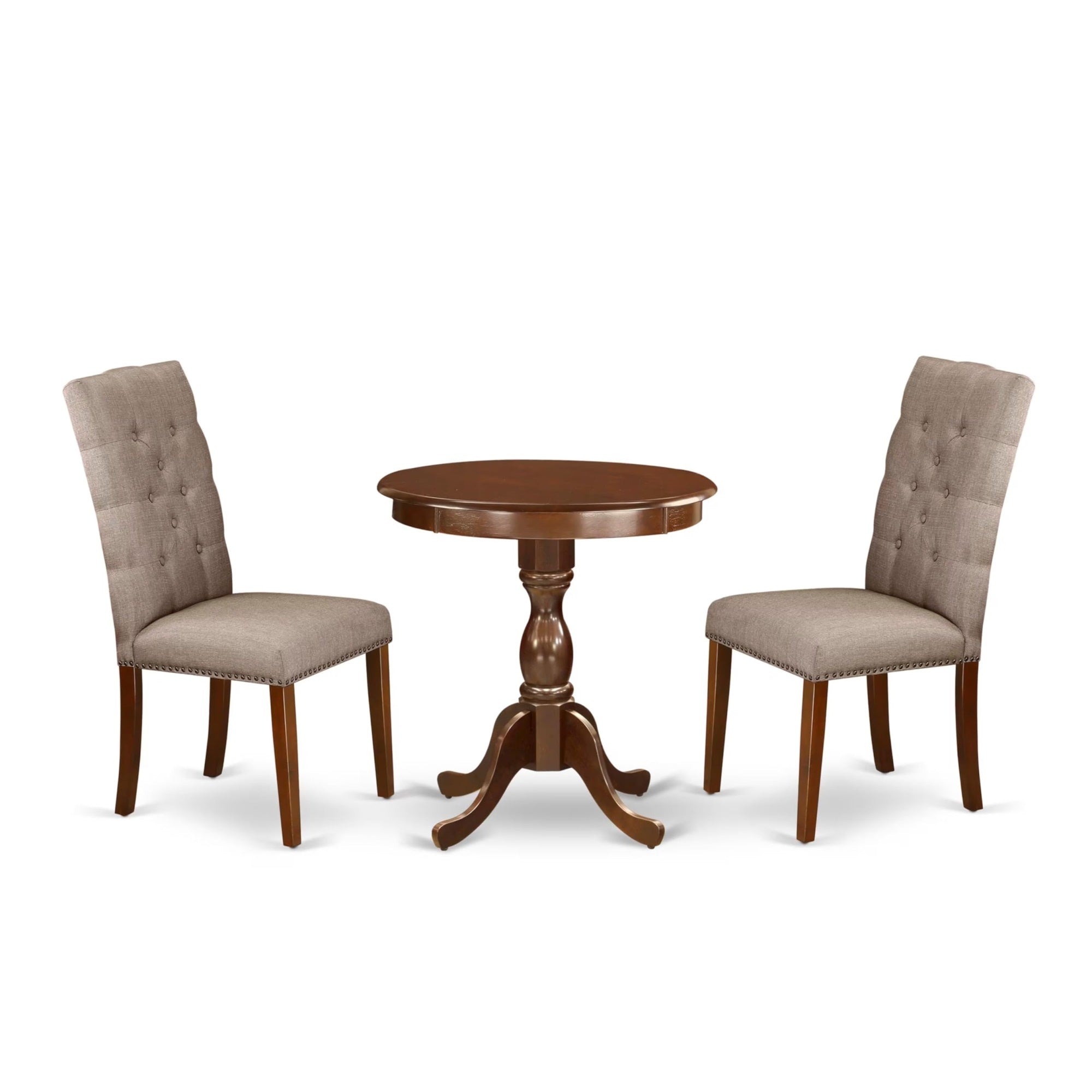 Casafoyer Esel3-Mah-16 3 Piece Dinette Set For Small Spaces Contains A Round Dining Table With Pedestal And 2 Dark Khaki Linen Fabric Parson Dining Chairs, 30X30 Inch, Mahogany