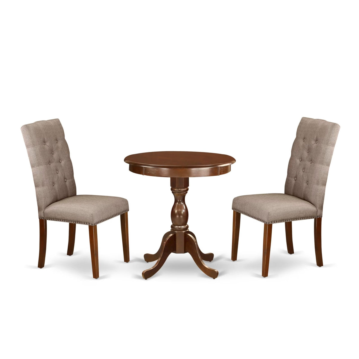 Casafoyer Esel3-Mah-16 3 Piece Dinette Set For Small Spaces Contains A Round Dining Table With Pedestal And 2 Dark Khaki Linen Fabric Parson Dining Chairs, 30X30 Inch, Mahogany