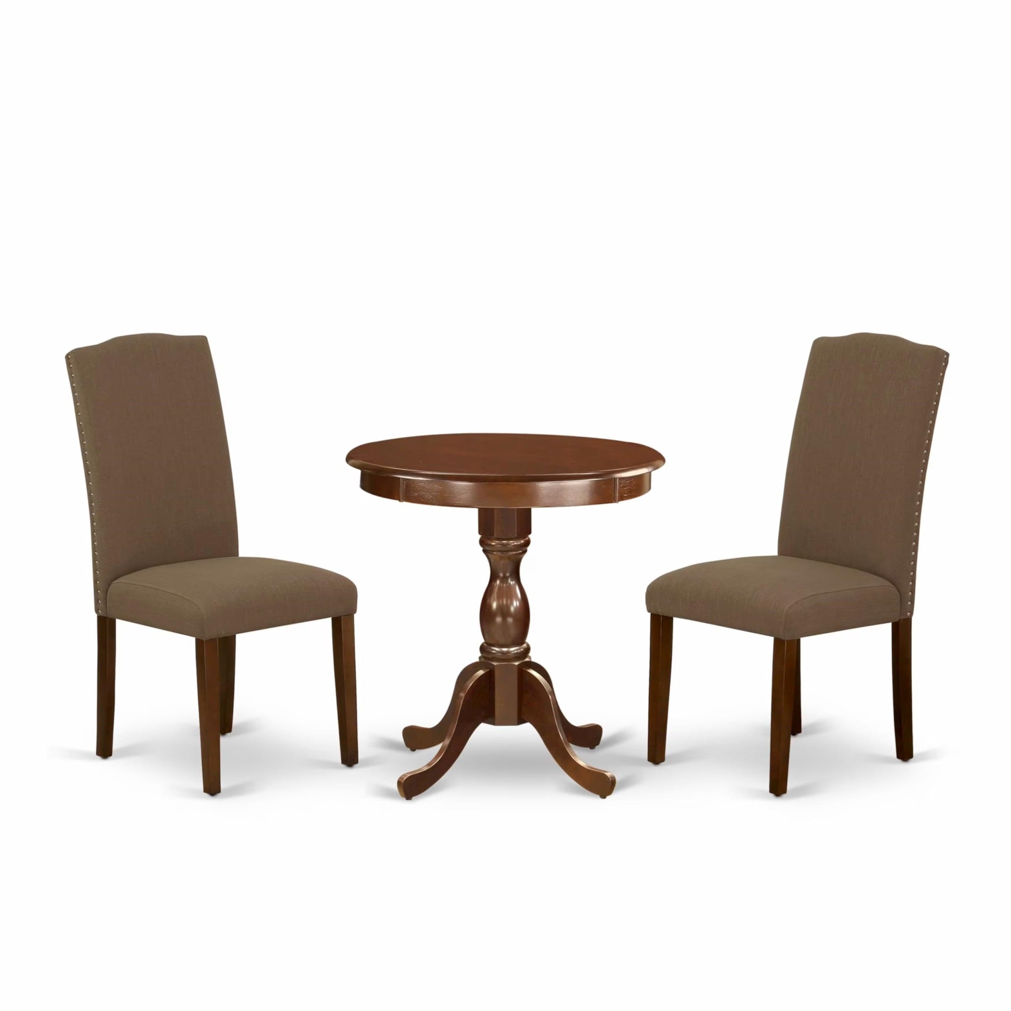 Casafoyer Esen3-Mah-18 3 Piece Dinette Set For Small Spaces Contains A Round Dining Table With Pedestal And 2 Dark Coffee Linen Fabric Upholstered Chairs, 30X30 Inch, Mahogany