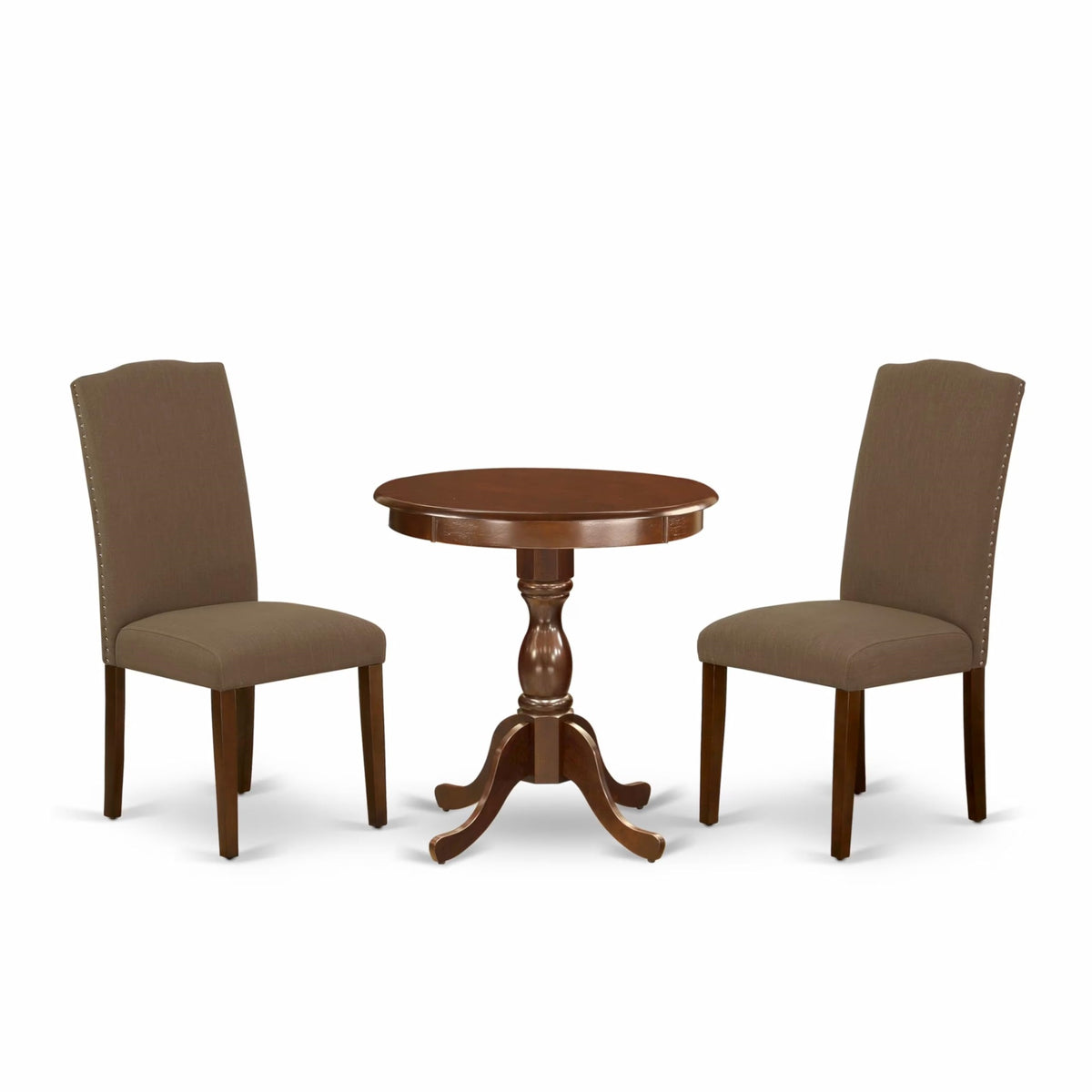 Casafoyer Esen3-Mah-18 3 Piece Dinette Set For Small Spaces Contains A Round Dining Table With Pedestal And 2 Dark Coffee Linen Fabric Upholstered Chairs, 30X30 Inch, Mahogany