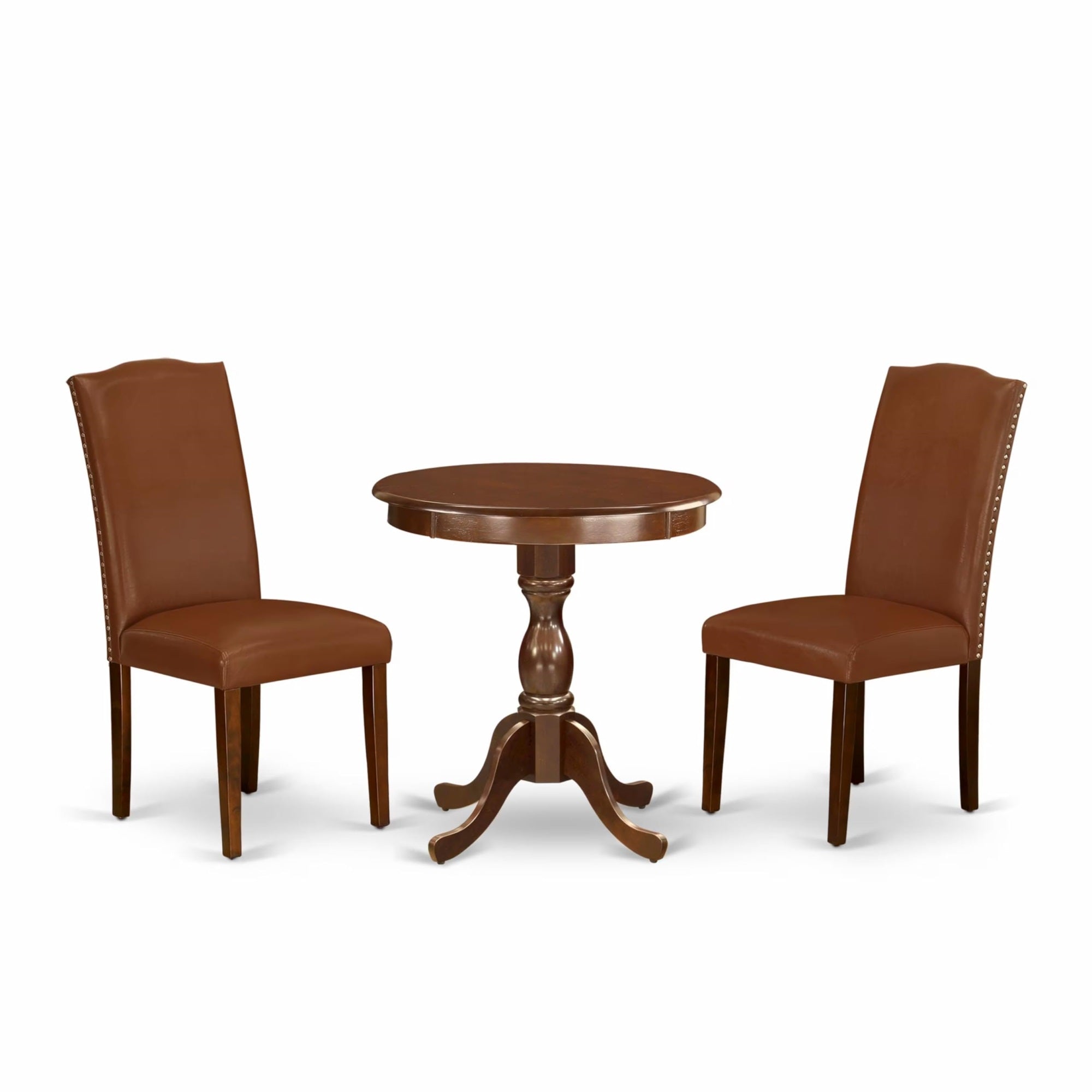 Casafoyer Esen3-Mah-66 3 Piece Kitchen Table Set Contains A Round Dining Table And 2 Brown Faux Faux Leather Upholstered Chairs, 30X30 Inch, Mahogany
