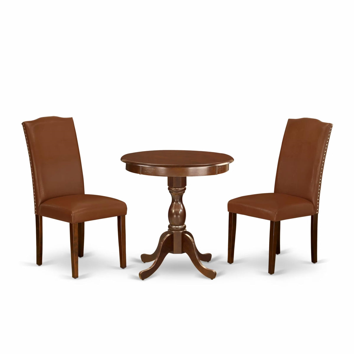 Casafoyer Esen3-Mah-66 3 Piece Kitchen Table Set Contains A Round Dining Table And 2 Brown Faux Faux Leather Upholstered Chairs, 30X30 Inch, Mahogany