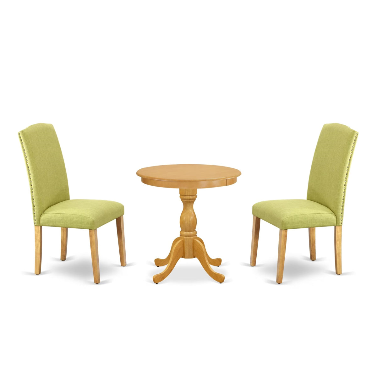 Casafoyer Esen3-Oak-07 3 Piece Dinette Set For Small Spaces Contains A Round Dining Table With Pedestal And 2 Limelight Linen Fabric Upholstered Chairs, 30X30 Inch, Oak