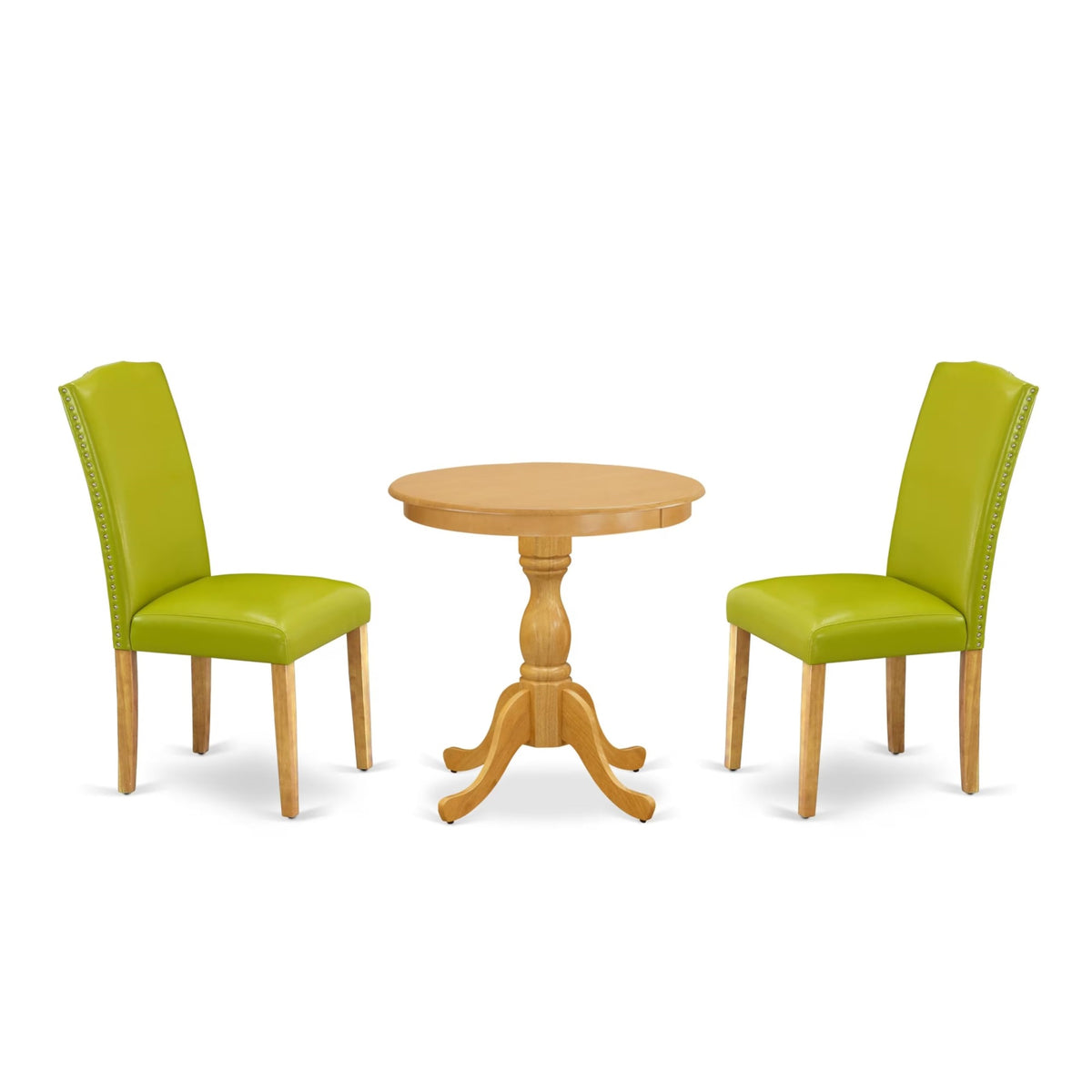 Casafoyer Esen3-Oak-51 3 Piece Modern Dining Table Set Contains A Round Wooden Table With Pedestal And 2 Autumn Green Faux Leather Upholstered Chairs, 30X30 Inch, Oak