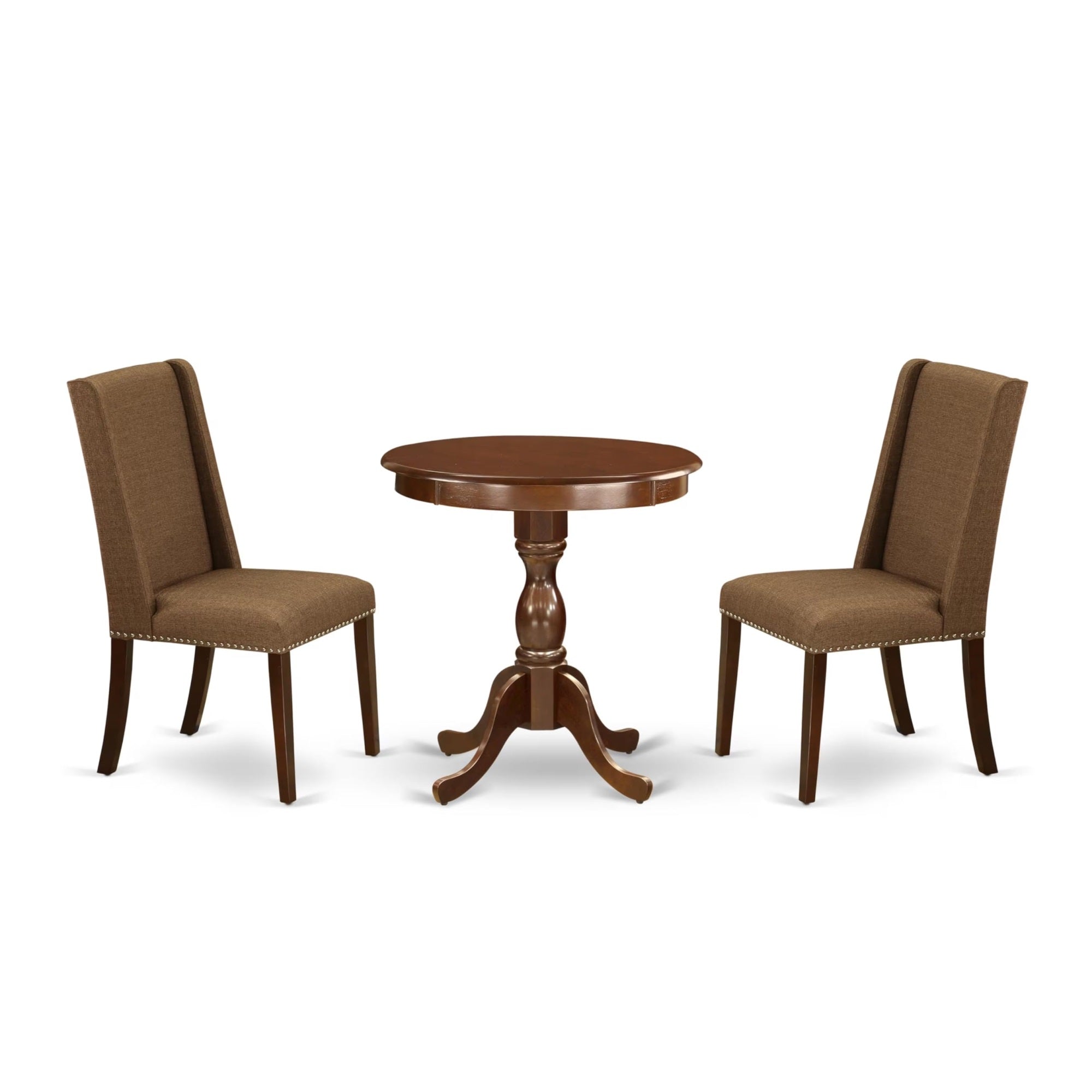 Casafoyer Esfl3-Mah-18 3 Piece Dining Room Furniture Set Contains A Round Dining Table With Pedestal And 2 Brown Linen Linen Fabric Upholstered Chairs, 30X30 Inch, Mahogany