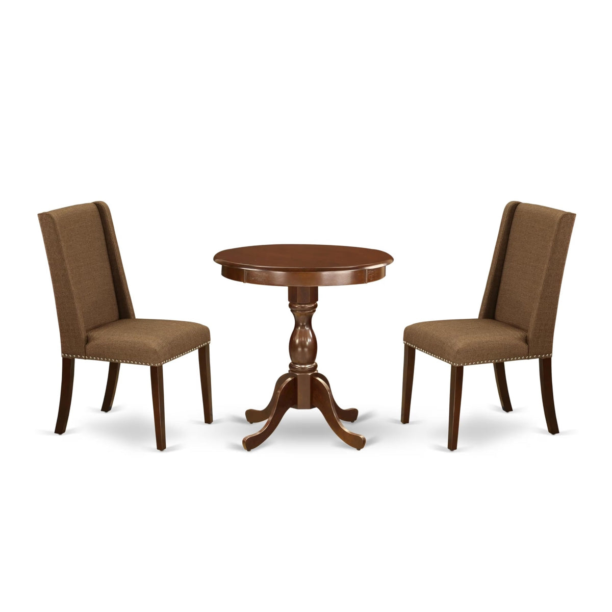 Casafoyer Esfl3-Mah-18 3 Piece Dining Room Furniture Set Contains A Round Dining Table With Pedestal And 2 Brown Linen Linen Fabric Upholstered Chairs, 30X30 Inch, Mahogany