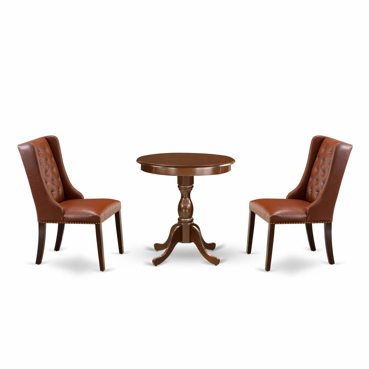 Casafoyer Esfo3-Mah-46 3 Piece Dinette Set For Small Spaces Contains A Round Dining Table With Pedestal And 2 Brown Faux Faux Leather Upholstered Chairs, 30X30 Inch, Mahogany