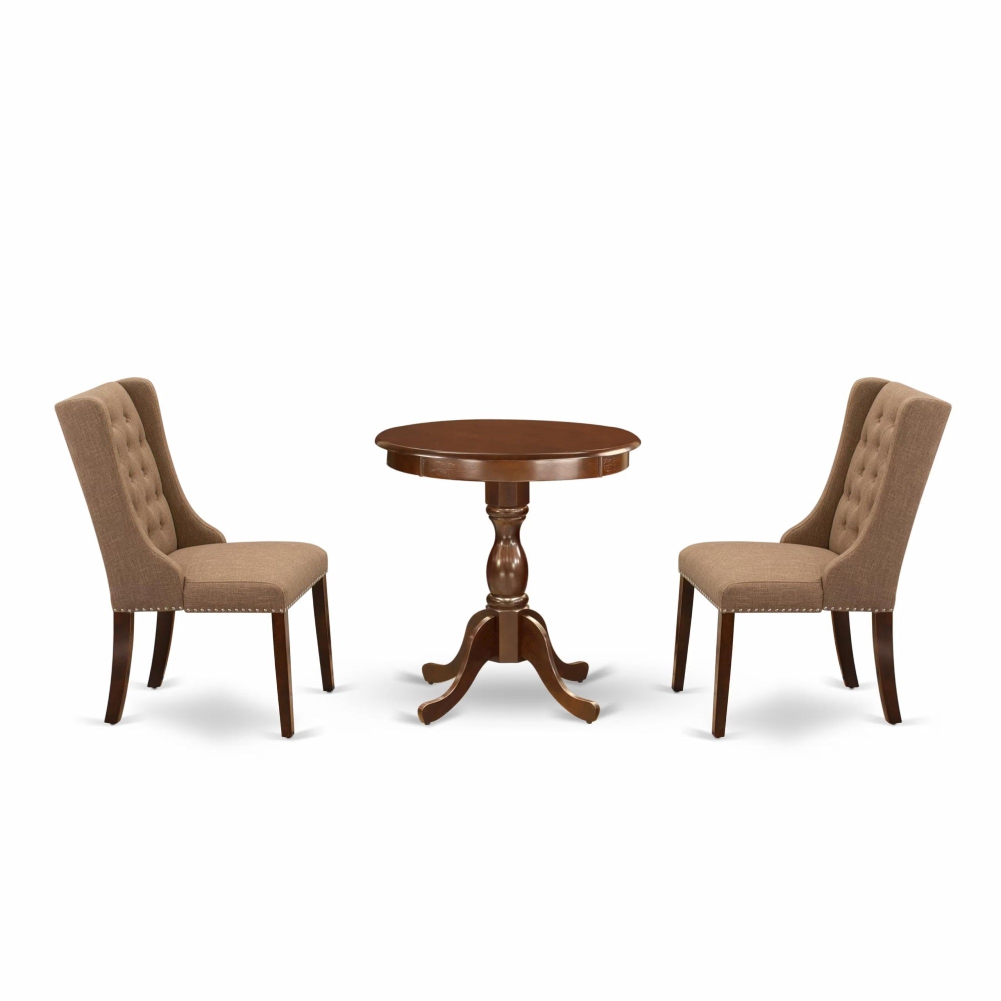 Casafoyer Esfo3-Mah-47 3 Piece Dining Table Set Contains A Round Dining Room Table With Pedestal And 2 Light Sable Linen Fabric Upholstered Chairs, 30X30 Inch, Mahogany