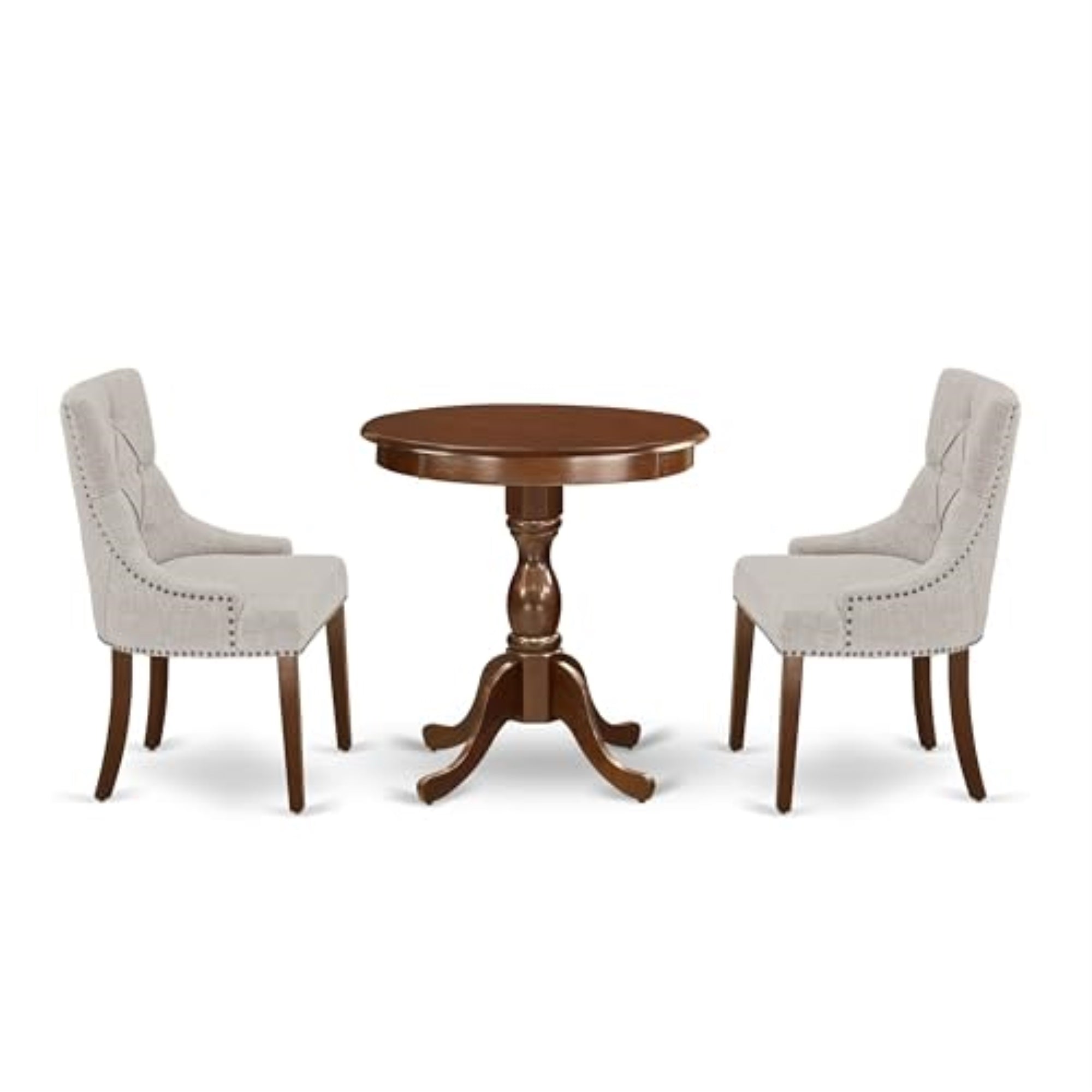 Casafoyer Esfr3-Mah-05 3 Piece Dinette Set For Small Spaces Contains A Round Dining Table With Pedestal And 2 Doeskin Linen Fabric Parsons Dining Chairs, 30X30 Inch, Mahogany