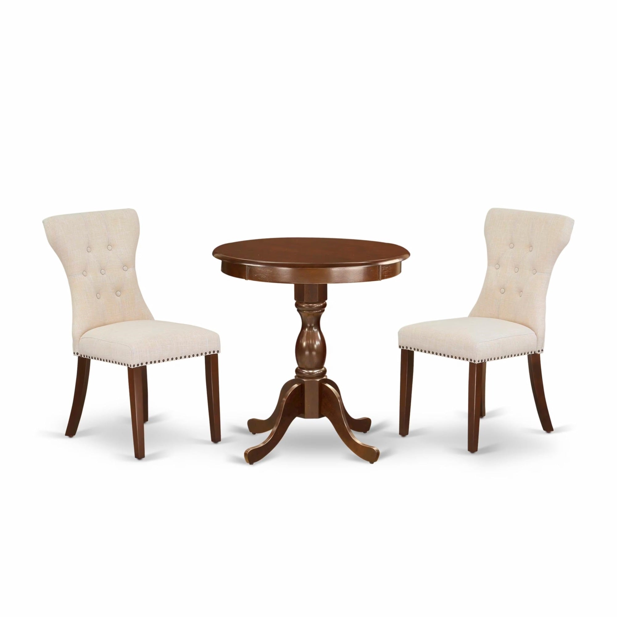 Casafoyer Esga3-Mah-32 3 Piece Dining Table Set For Small Spaces Contains A Round Wooden Table With Pedestal And 2 Light Beige Linen Fabric Parson Chairs, 30X30 Inch, Mahogany