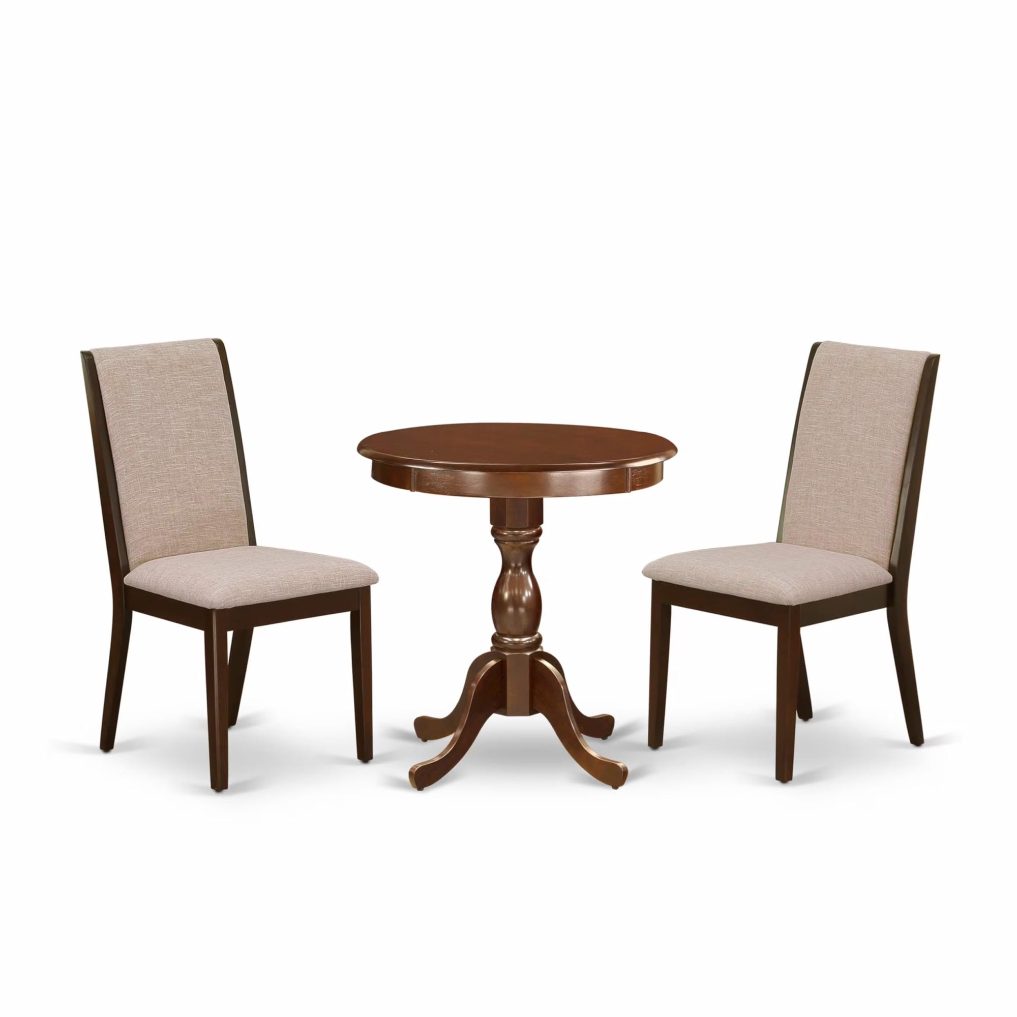 Casafoyer Esla3-Mah-04 3 Piece Kitchen Table & Chairs Set Contains A Round Dining Room Table With Pedestal And 2 Light Tan Linen Fabric Parsons Chairs, 30X30 Inch, Mahogany