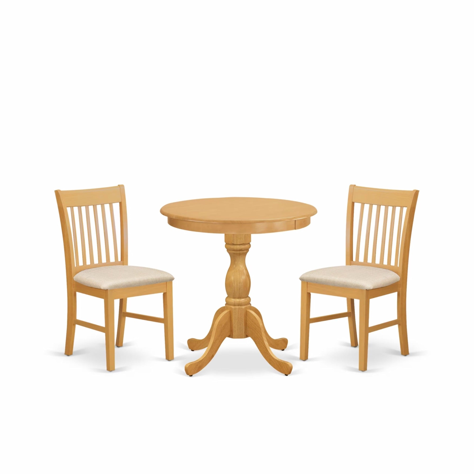 Casafoyer Esnf3-Oak-C 3 Piece Modern Dining Table Set Contains A Round Wooden Table With Pedestal And 2 Linen Fabric Upholstered Dining Chairs, 30X30 Inch, Oak