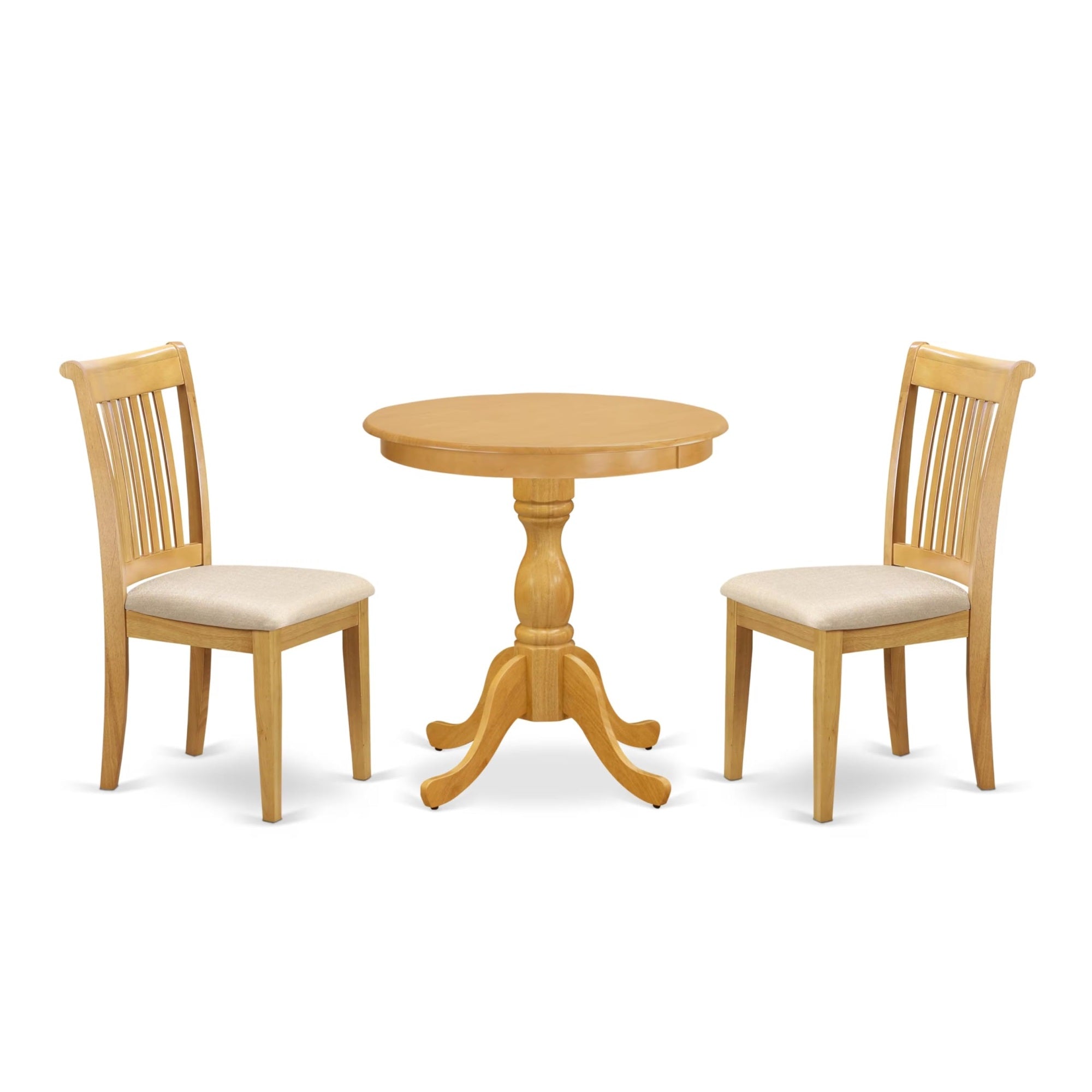 Casafoyer Espo3-Oak-C 3 Piece Modern Dining Table Set Contains A Round Wooden Table With Pedestal And 2 Linen Fabric Kitchen Dining Chairs, 30X30 Inch, Oak