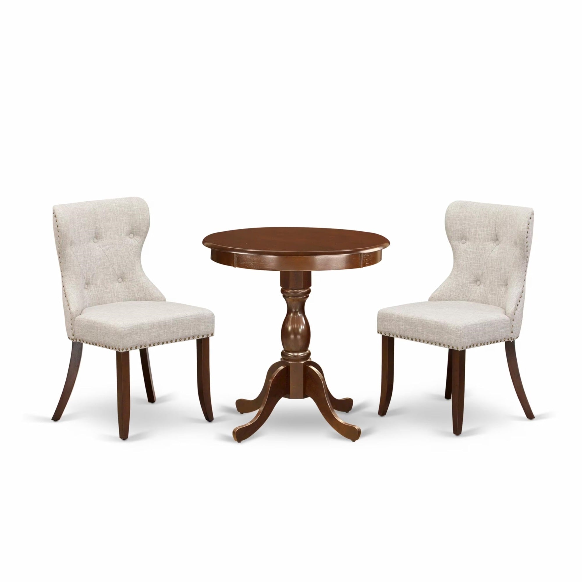Casafoyer Essi3-Mah-35 3 Piece Modern Dining Table Set Contains A Round Wooden Table With Pedestal And 2 Doeskin Linen Fabric Upholstered Chairs, 30X30 Inch, Mahogany