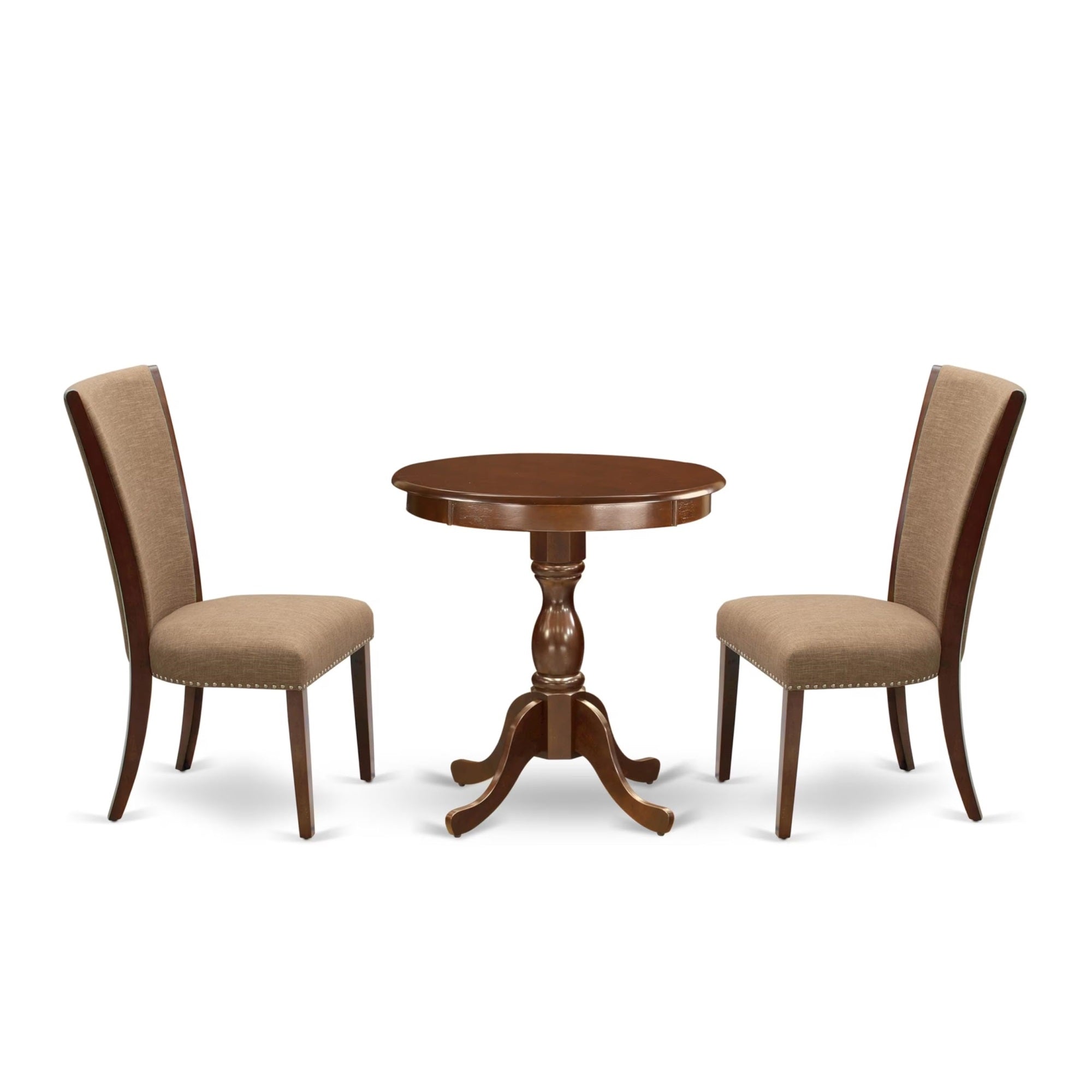 Casafoyer Esve3-Mah-47 Eden 3 Piece Modern Dining Set Contains A Round Wooden Table And 2 Light Sable Linen Fabric Upholstered Chairs, 30X30 Inch, Mahogany