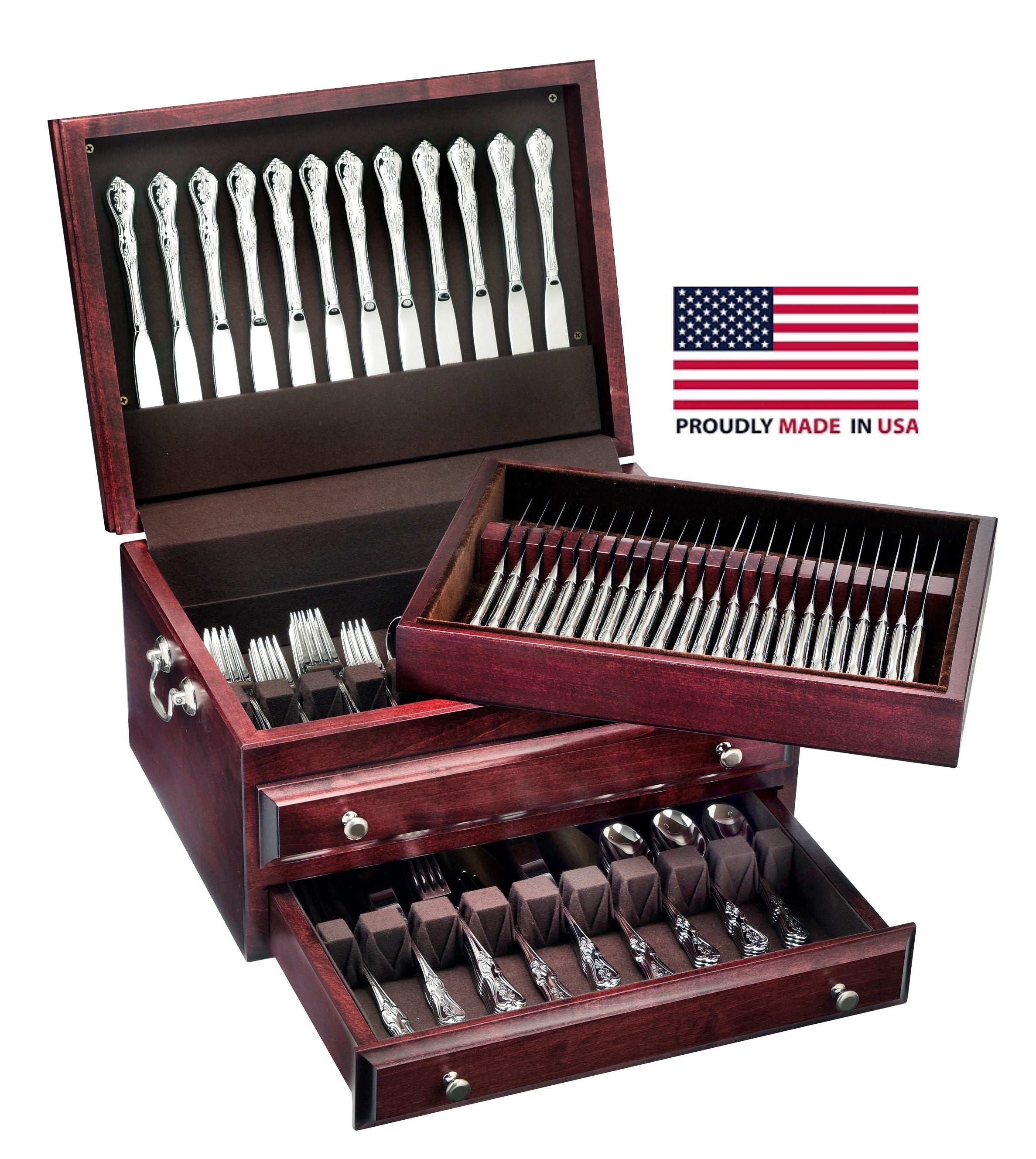 Presidential Super Flatware Chest, Solid American Hardwood with Rich Mahogany Finish, Lift-Out Tray to hold 24 extra Knives, 12 Knife holder in the Lid, 12 Slot Flatware Rack under the Tray & 10 Slot Flatware Rack in the One Drawer